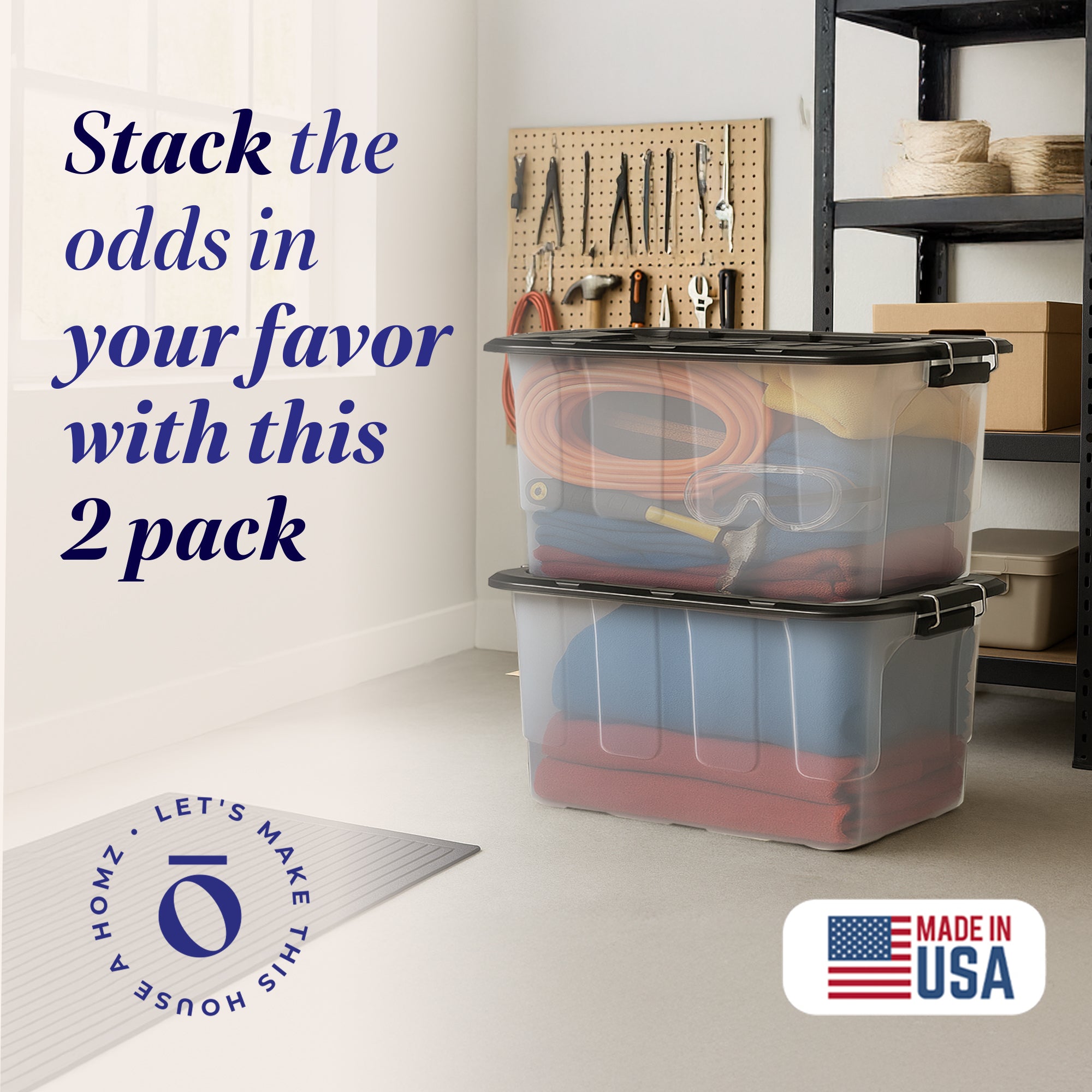 Homz 2 Pack 30-Gallon Clear Plastic Stackable Home Storage Bin with Lid, Black