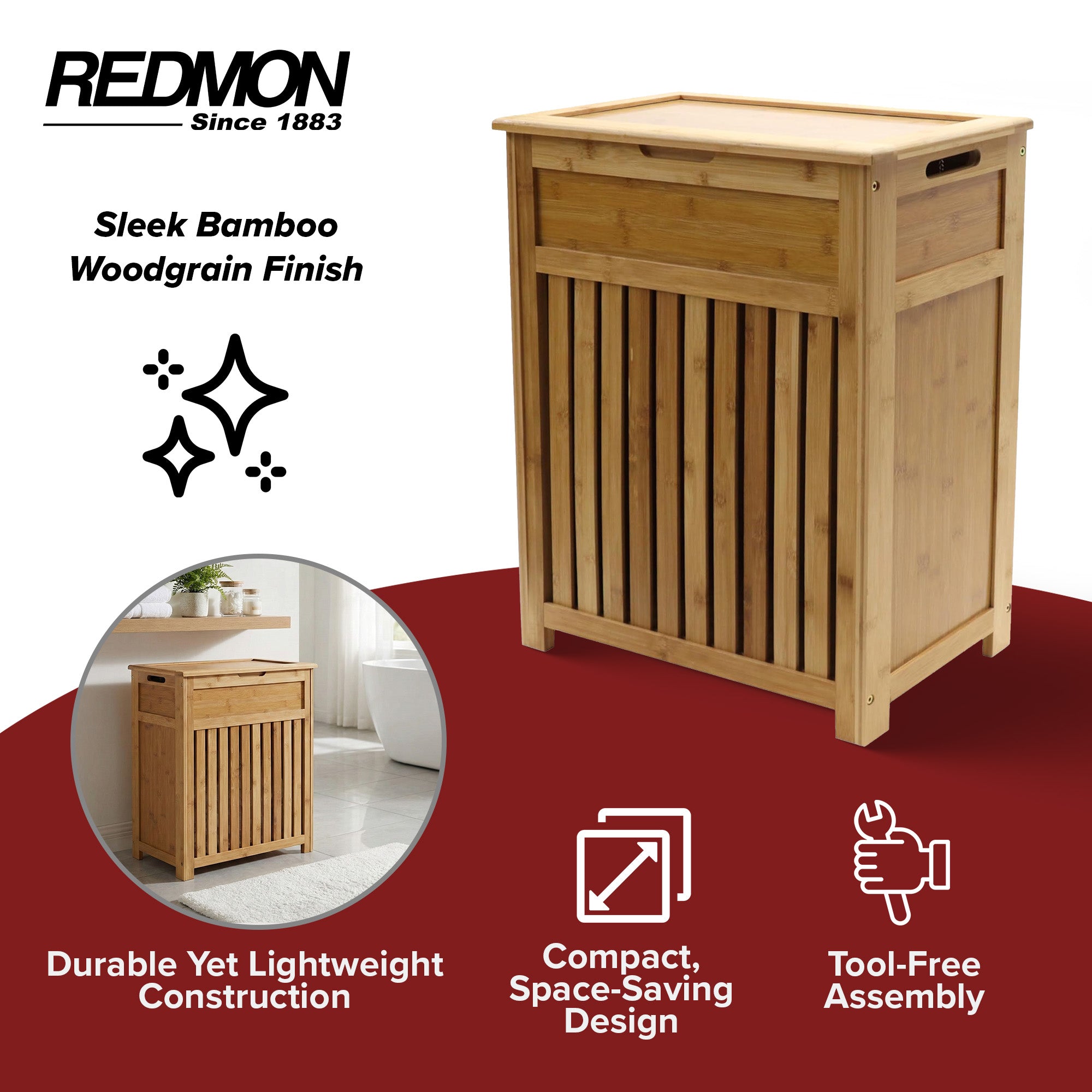 Redmon Bamboo Top Load Clothes Hamper, Full Sizew/Hinged Lid&Handles (For Parts)