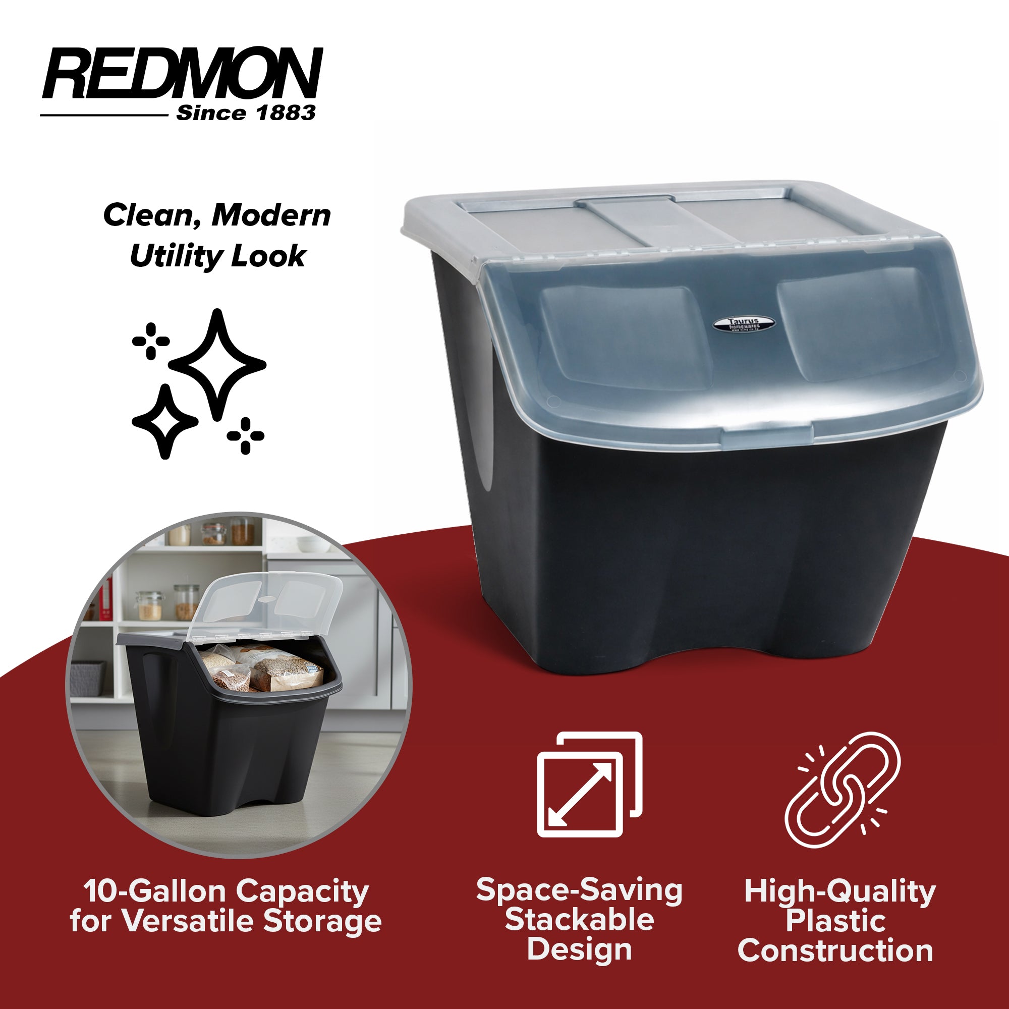 Redmon 10 Gallon Stackable Shutter Bin with Flip Lid Plastic Storage, Black - VMInnovations