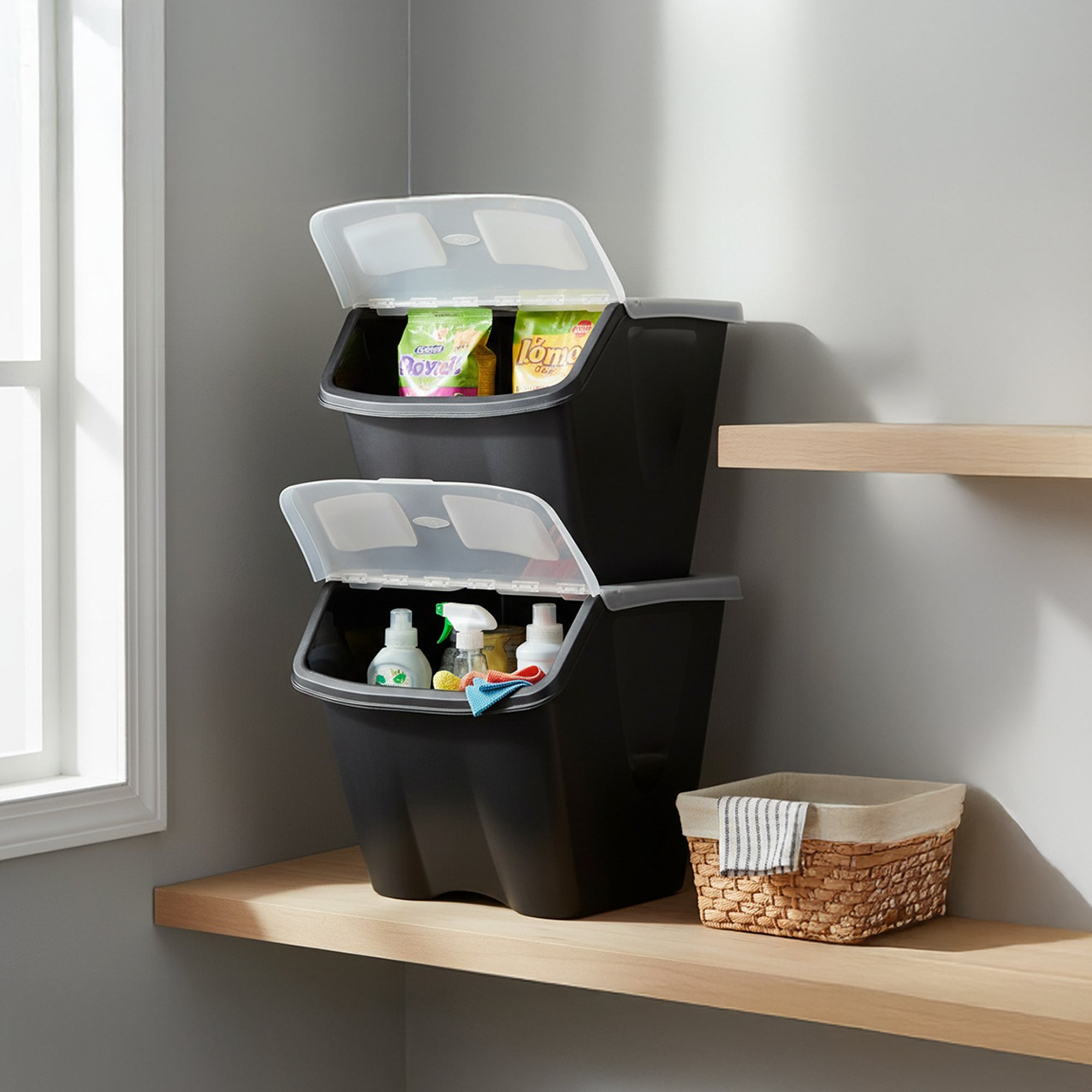 Redmon 10 Gal Stackable Shutter Bin with Flip Lid Plastic Storage, Black (Used) - VMInnovations