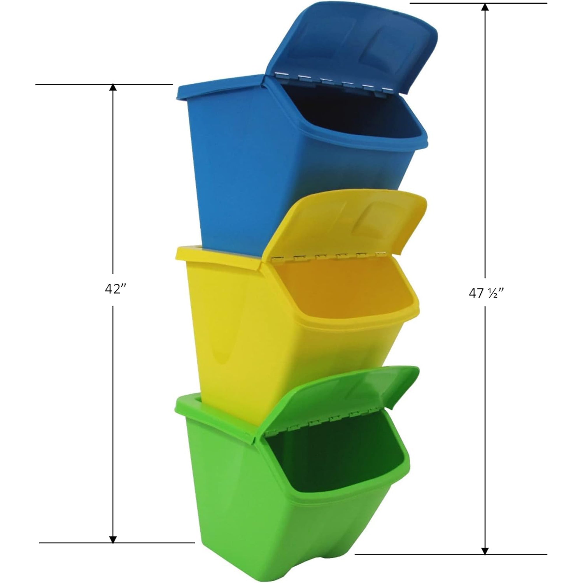 Redmon 10-Gal Stackable Shutter Bins, 3-Piece Recycling Storage Set, Multi-Color - VMInnovations