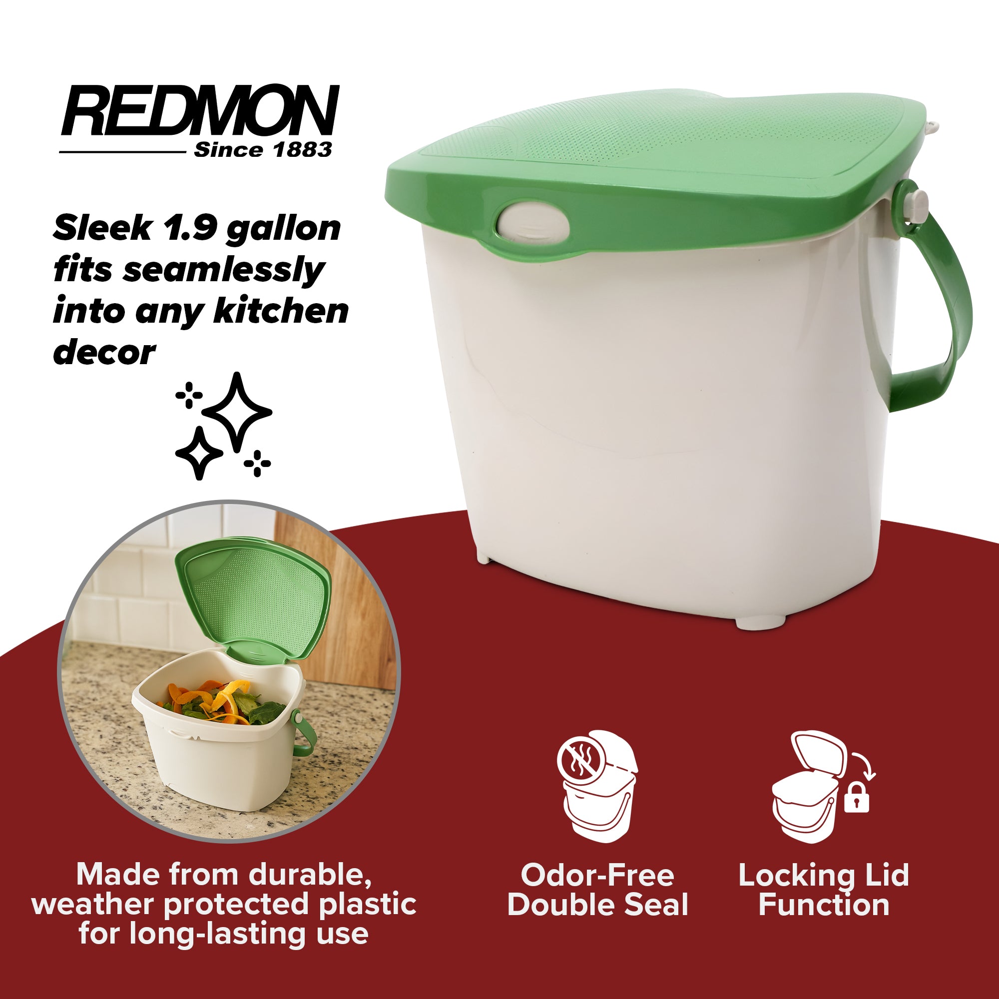 Redmon 1.9 Gal Kitchen Compost Bin for Food Scraps Odor Control Lid, 300 Pack