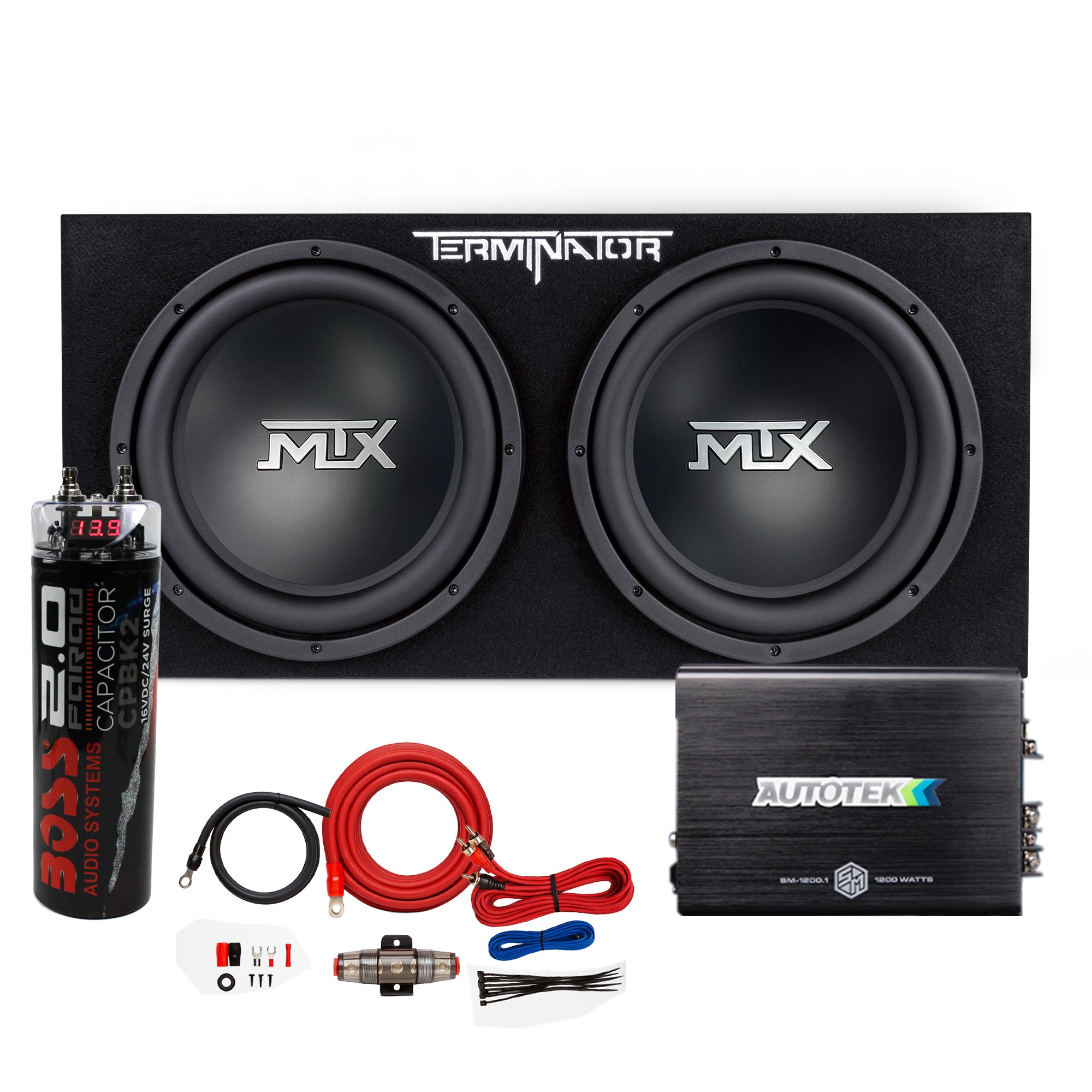 MTX TNE212D 12" 1200W Dual Loaded Car Subwoofer & 1200W Amp with Kit & Capacitor - VMInnovations