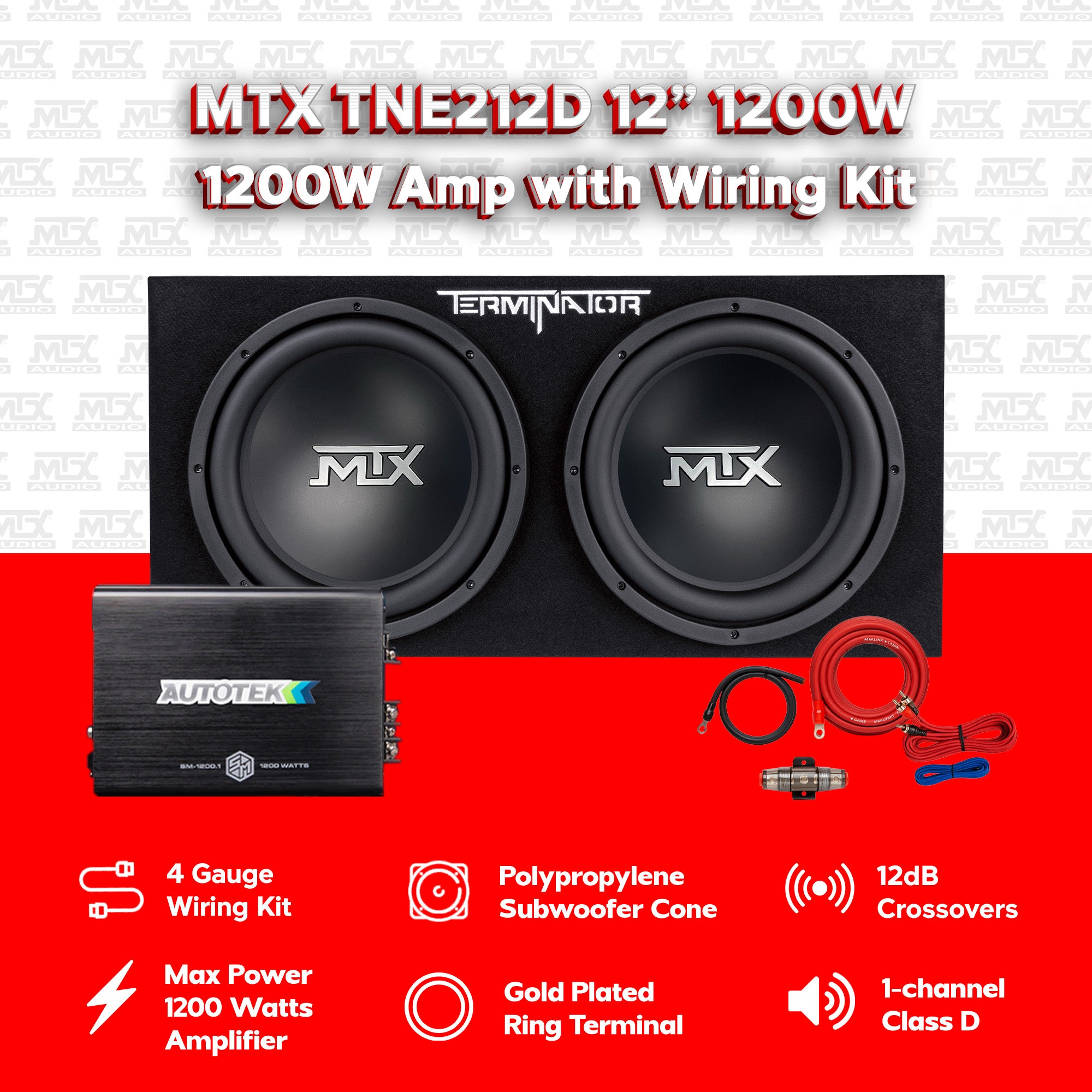 MTX TNE212D 12" 1200W Dual Loaded Car Subwoofer Package with 4 Gauge Wiring Kit - VMInnovations
