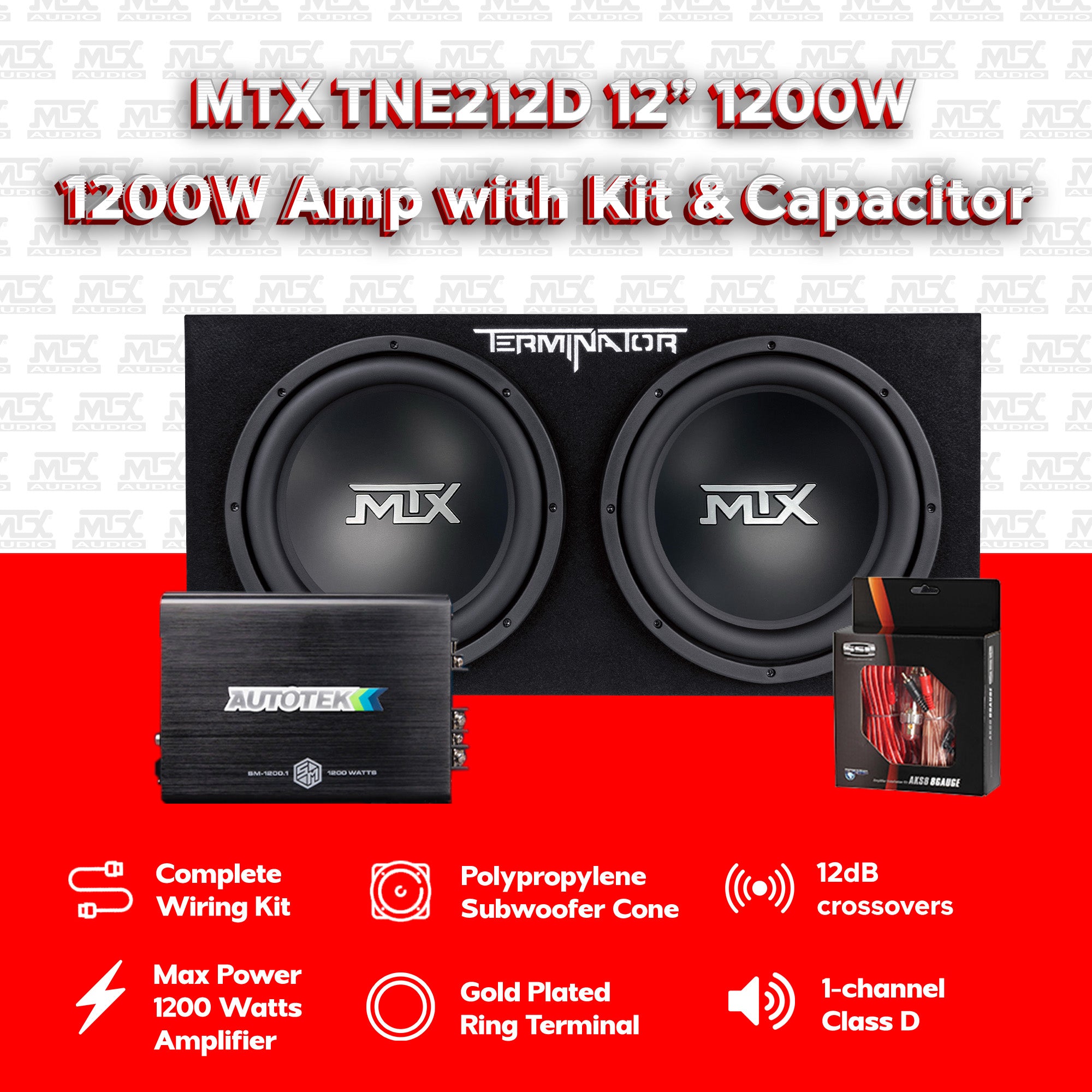 MTX TNE212D 12" 1200W Dual Loaded Car Subwoofer and 1200W Amplifier with Kit