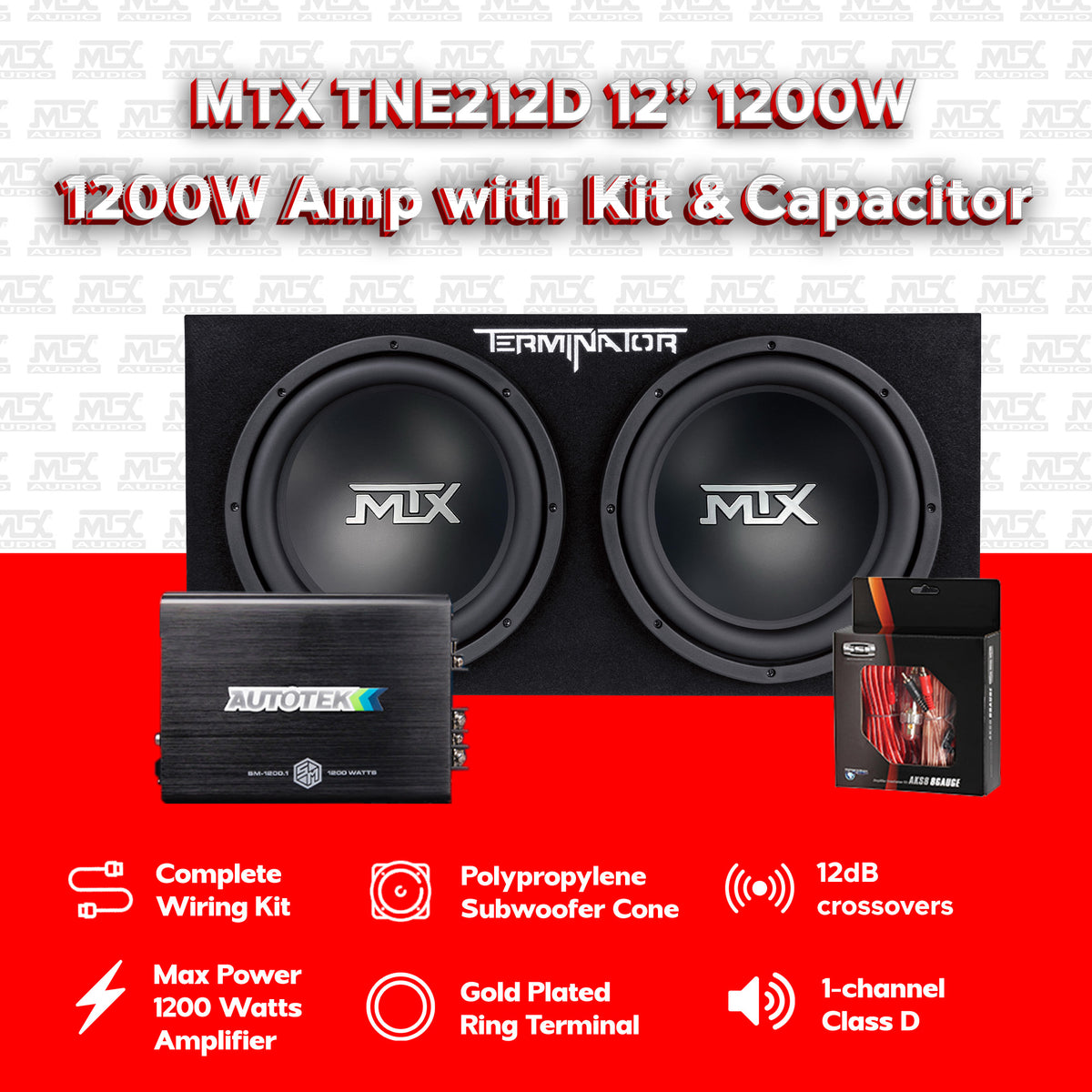 MTX TNE212D 12" 1200W Dual Loaded Car Subwoofer and 1200W Amplifier with Kit
