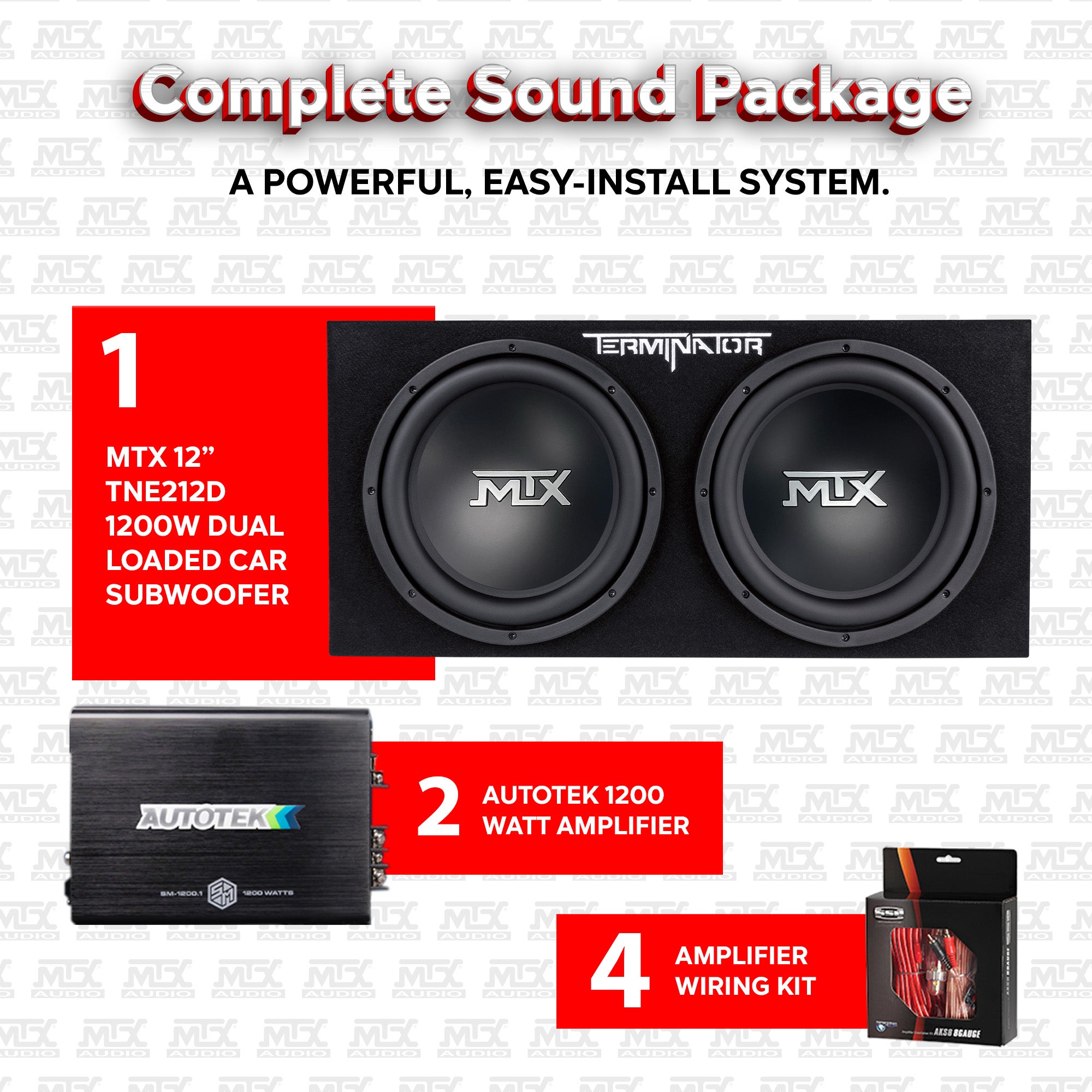 MTX TNE212D 12" 1200W Dual Loaded Car Subwoofer and 1200W Amplifier with Kit