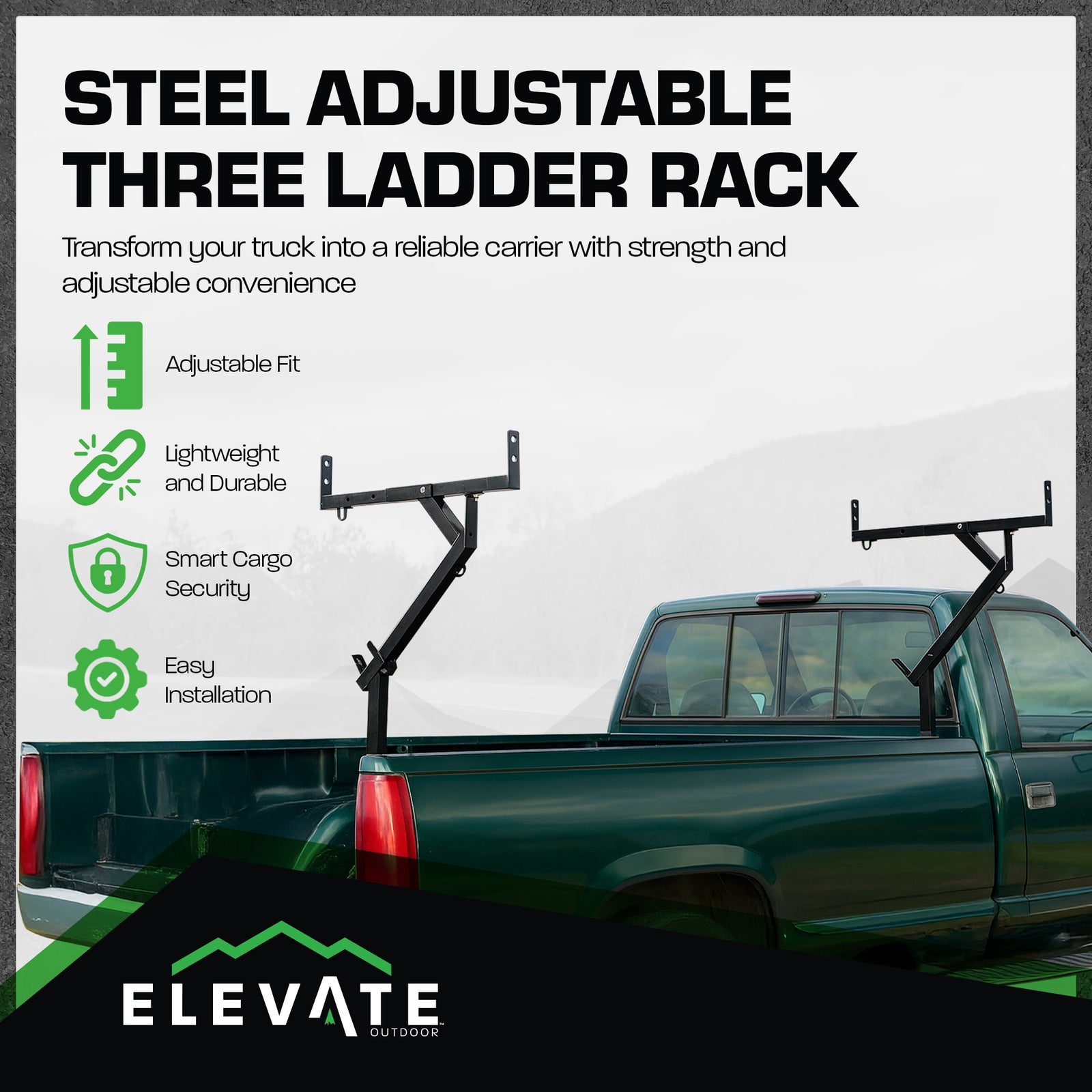 Elevate Outdoor Truck 3 Ladder Rack Steel Pickup Bed Cargo Carrier System, Black - VMInnovations