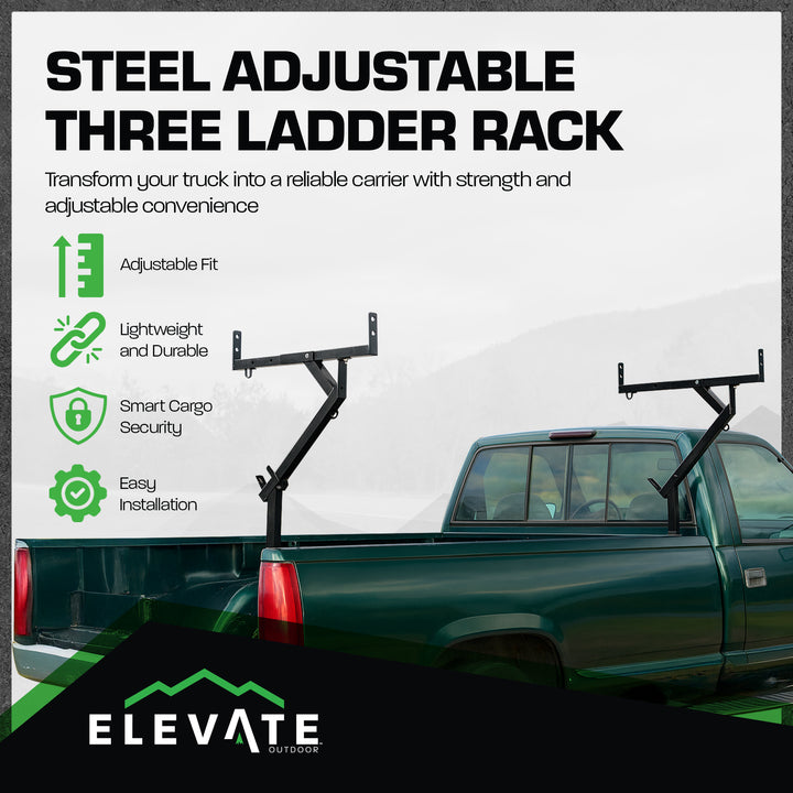 Elevate Outdoor Truck 3 Ladder Rack Steel Pickup Bed Cargo Carrier System, Black - VMInnovations