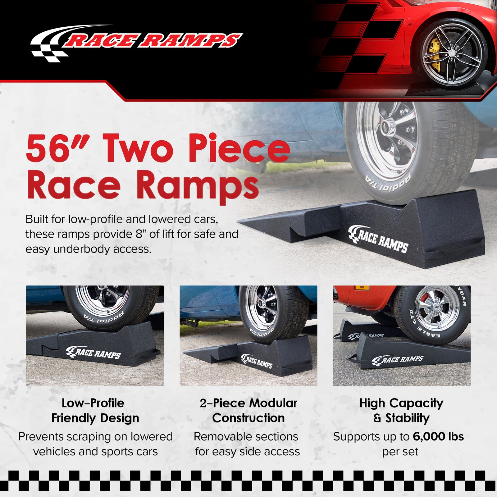 Race Ramps 2-Piece 56" Car Ramp, Tire Lift for Low Profile Vehicles, Set of 2 - VMInnovations