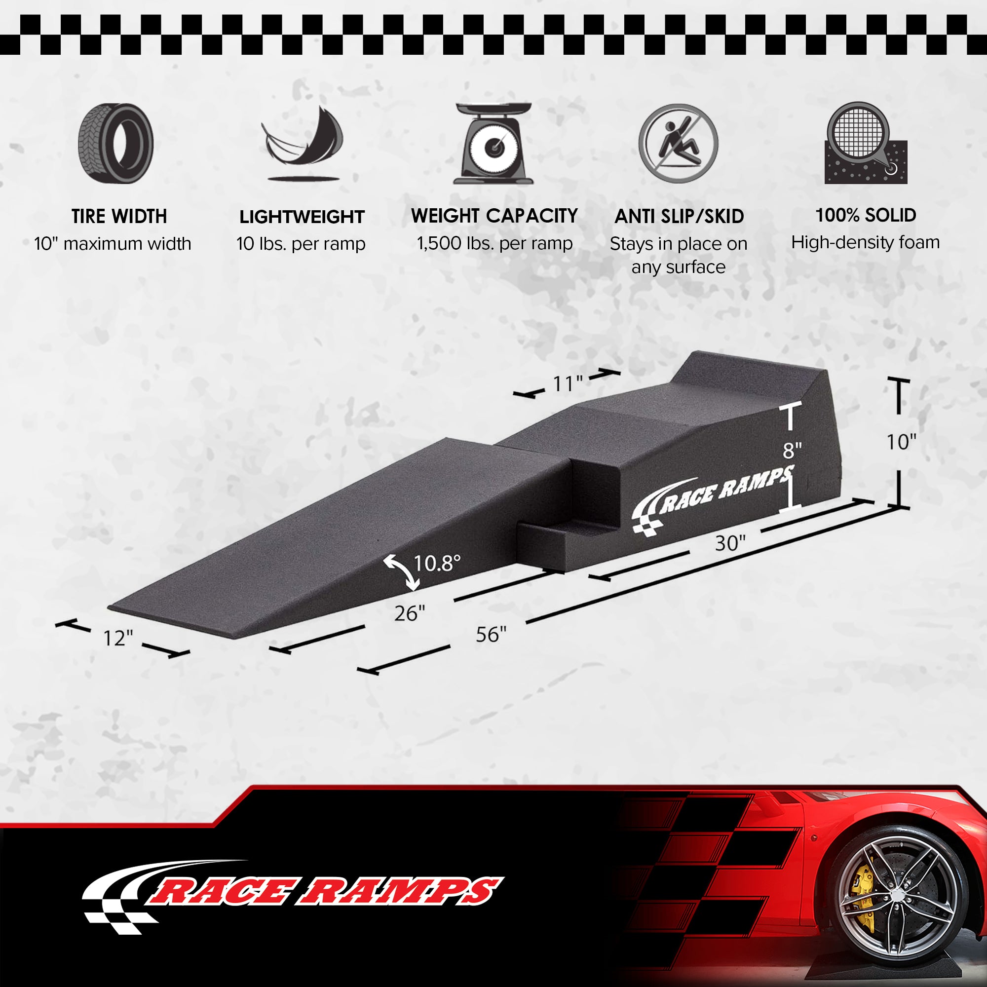 Race Ramps 2-Piece 56" Car Ramp, Tire Lift for Low Profile Vehicles, Set of 2 - VMInnovations