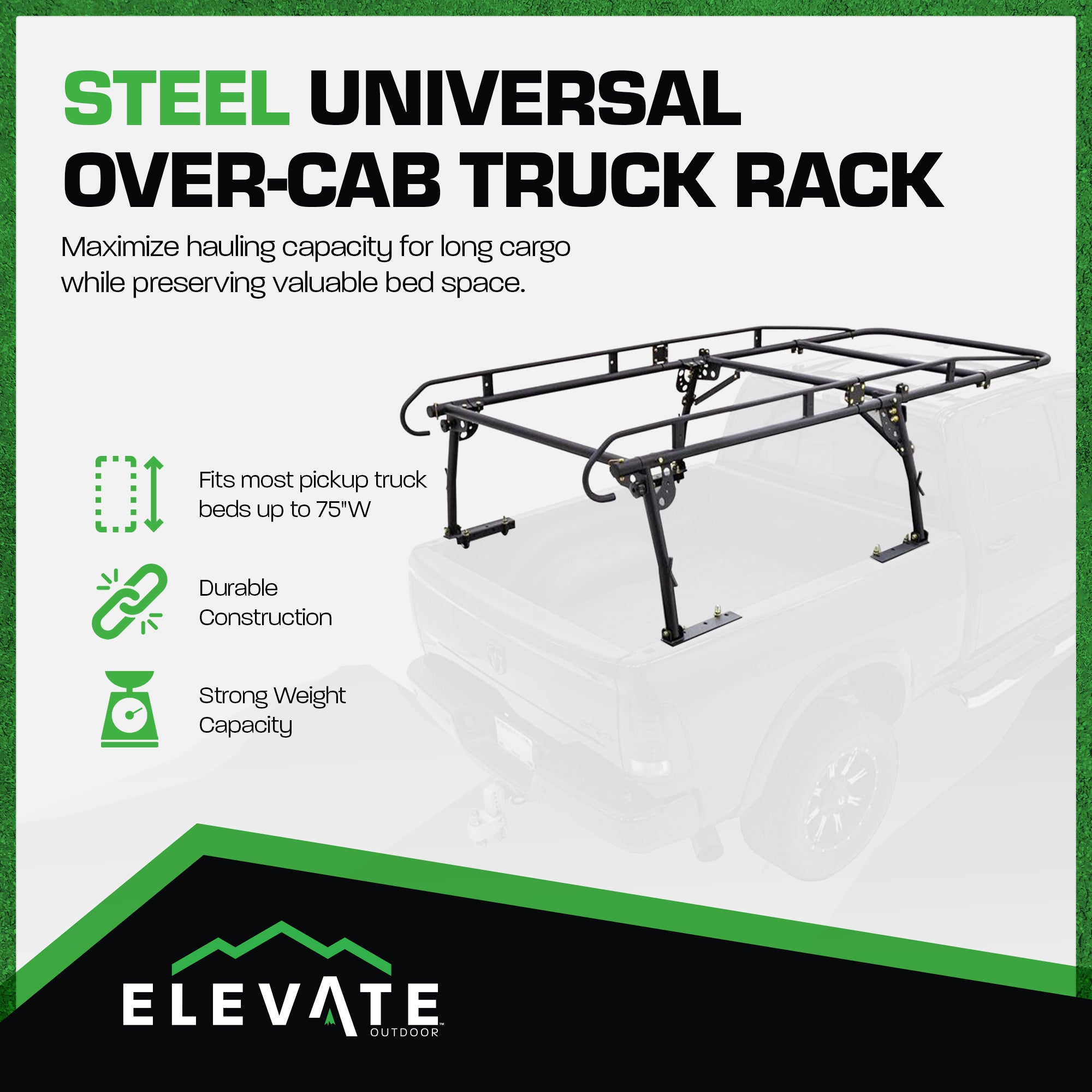 Elevate Outdoor Powder Coated Steel Over Cap Truck Rack, Adjustable to 75" Wide - VMInnovations