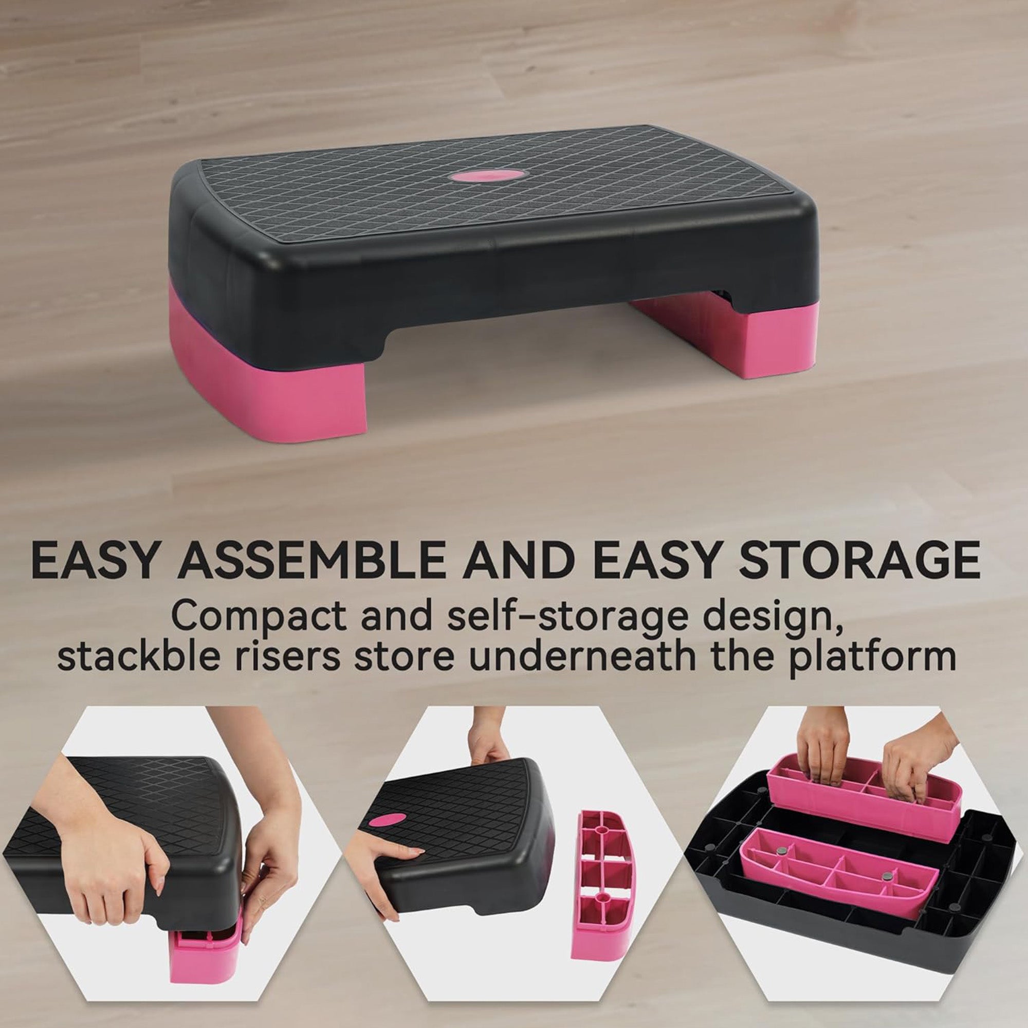 Fitvids 18" Aerobic Stepper Platform w/Adjustable Risers, Black/Pink (Open Box) - VMInnovations