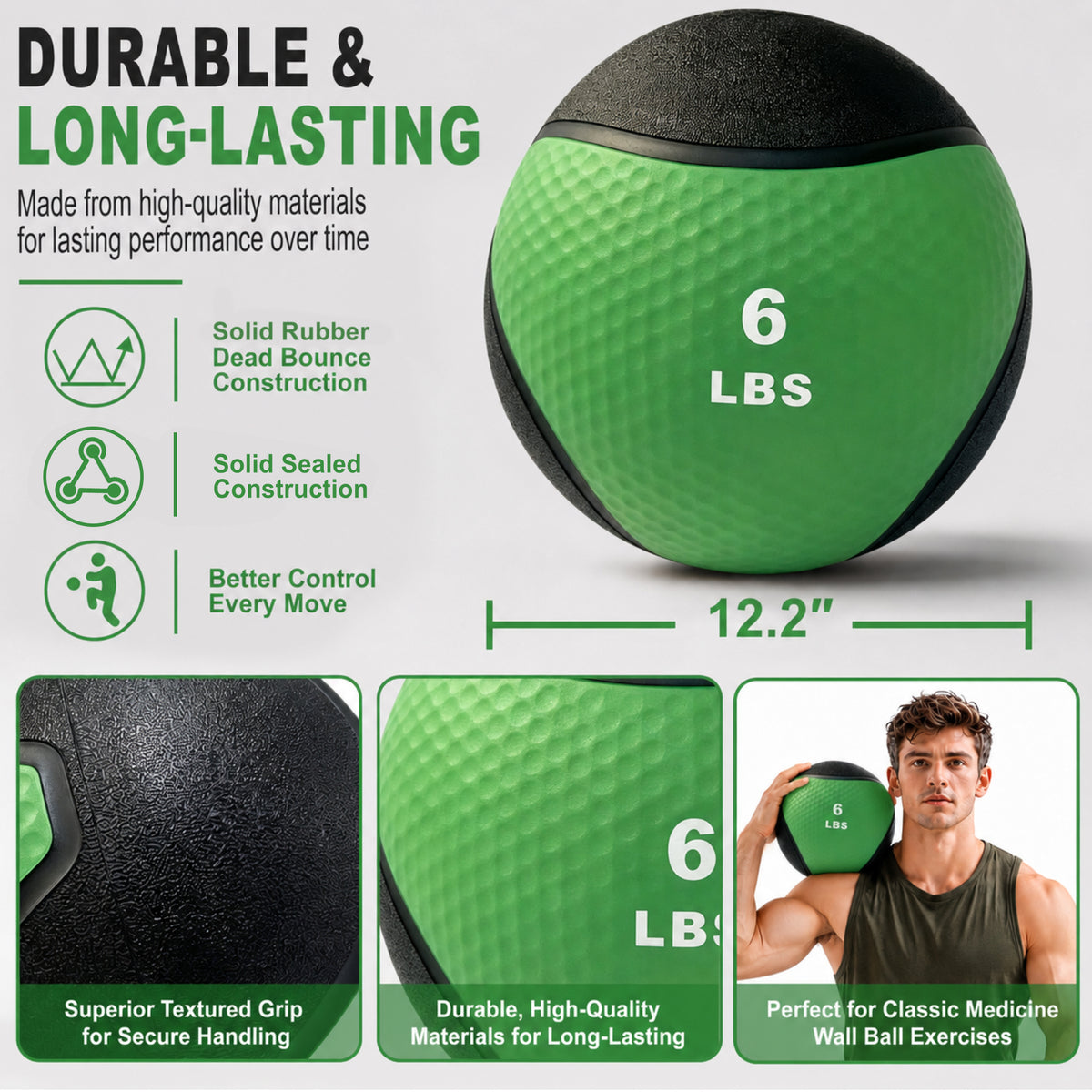 Fitvids 6 lb Dual-Texture Medicine Ball for Core and Strength Training, Green