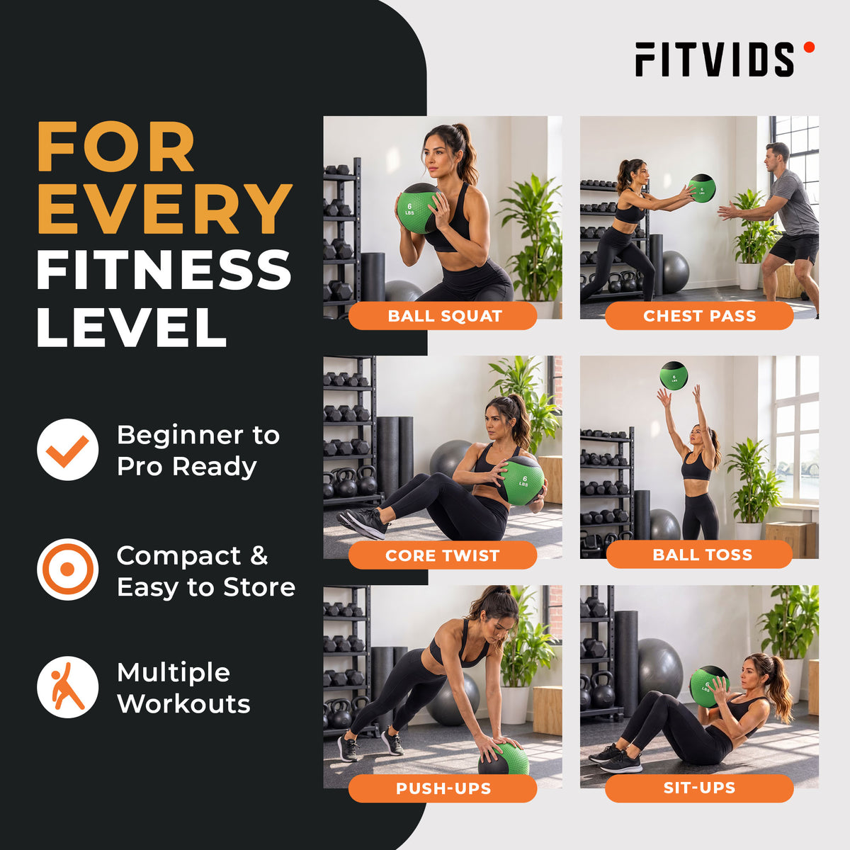 Fitvids 6 lb Dual-Texture Medicine Ball for Core and Strength Training, Green