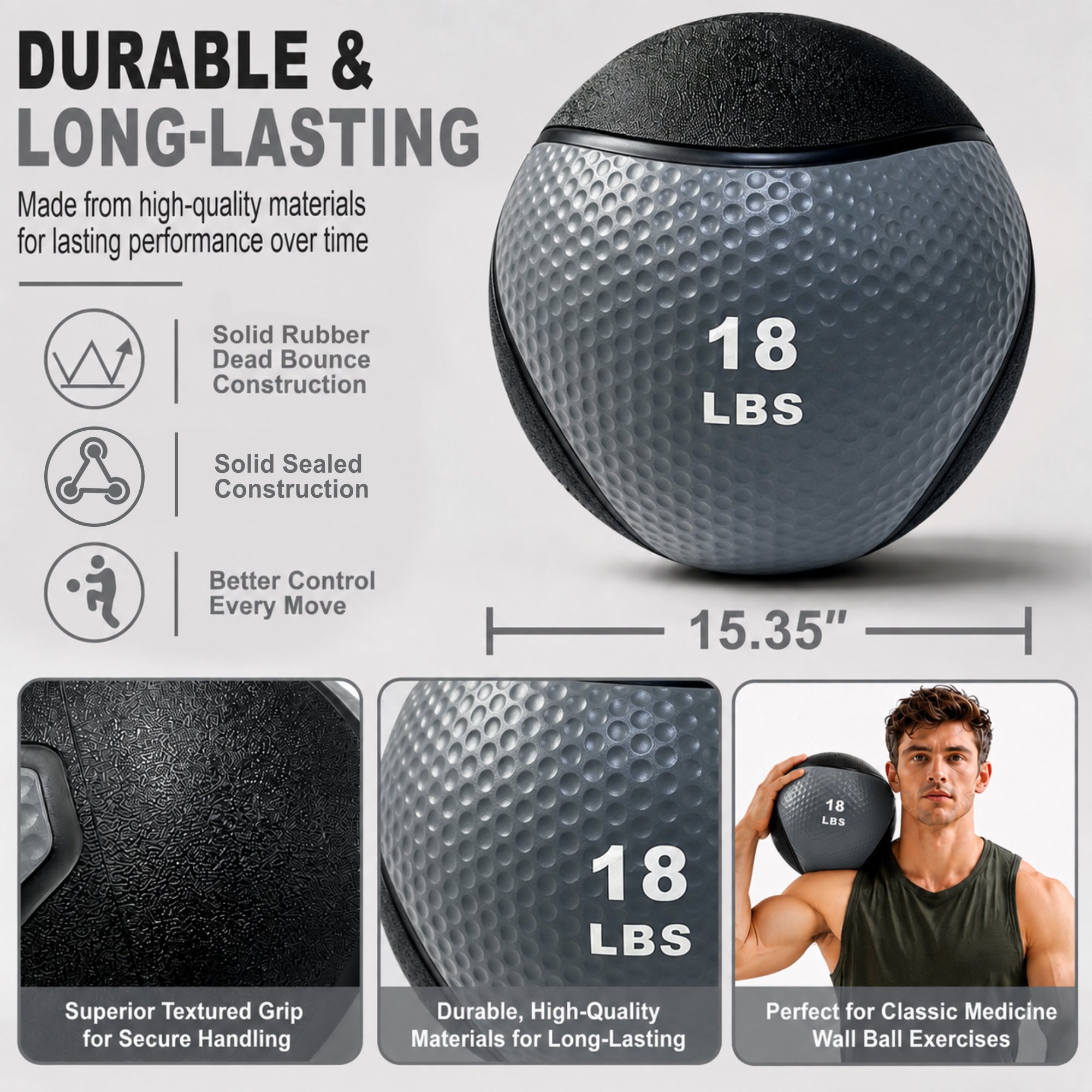 Fitvids 18 lb Dual-Texture Medicine Ball for Core and Strength Training, Gray