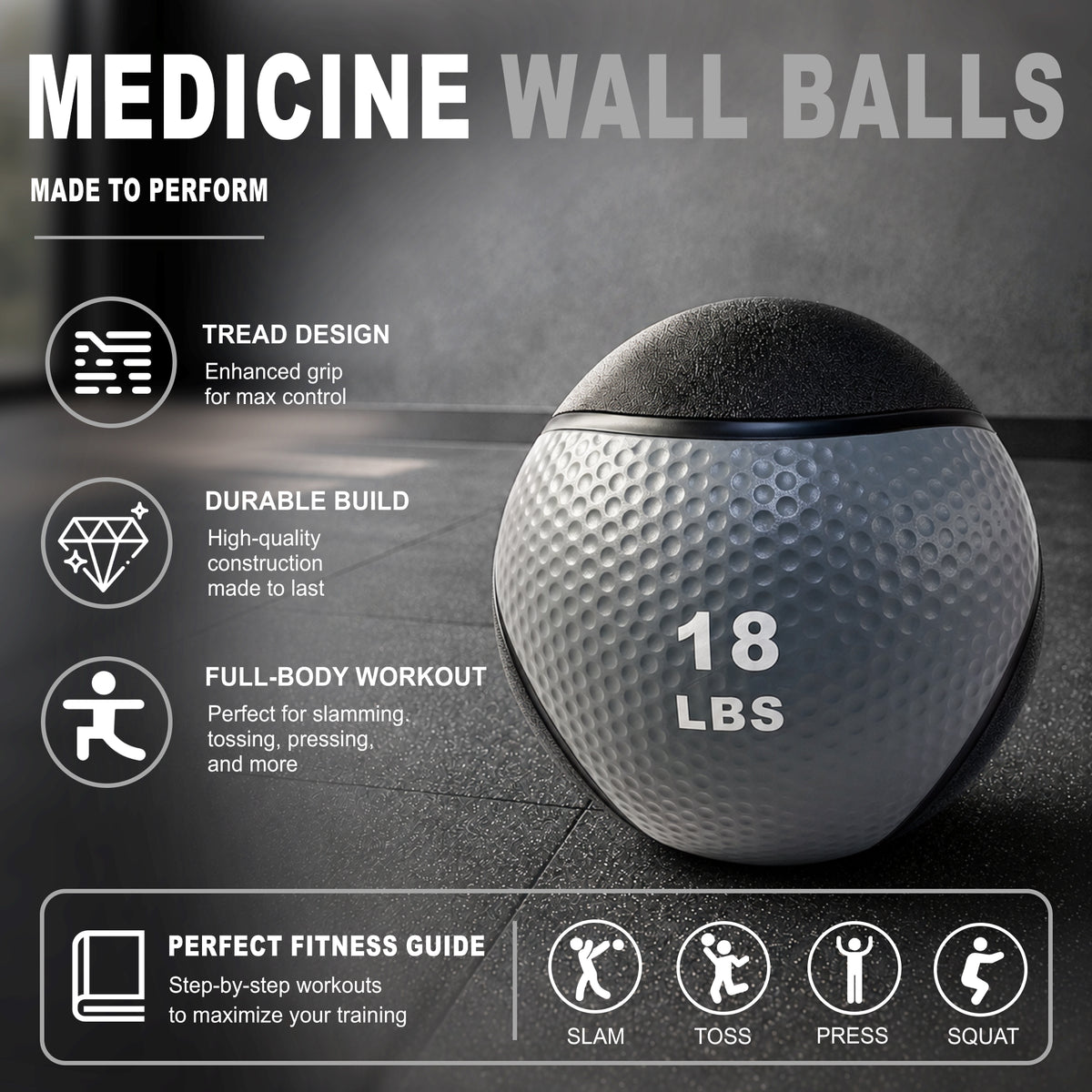 Fitvids 18 lb Dual-Texture Medicine Ball for Core and Strength Training, Gray