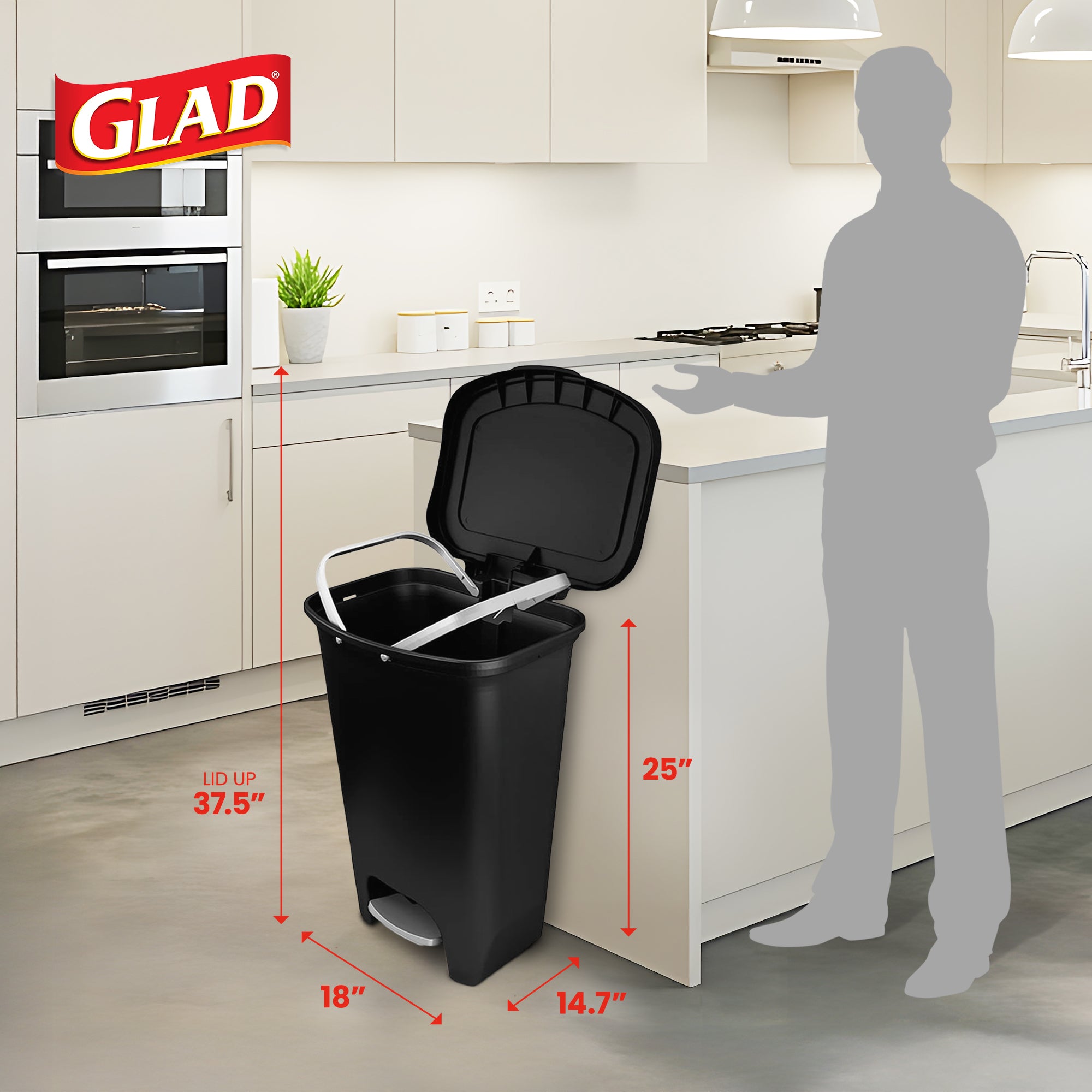 Glad Kitchen Trash Can with Lid, Foot Pedal and Garbage Bag Rings, 13 Gal, Black