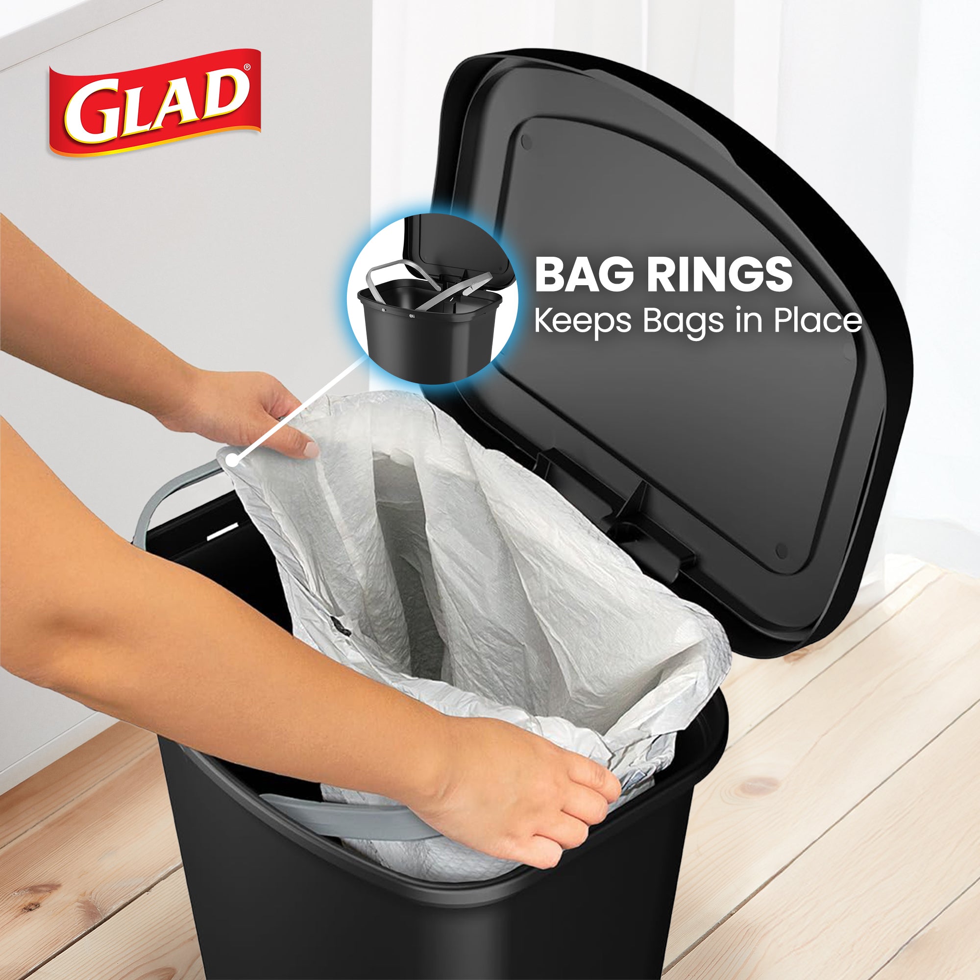 Glad Trash Can with Lid, Stainless Foot Pedal & Garbage Bag Rings, 13 Gal, Black