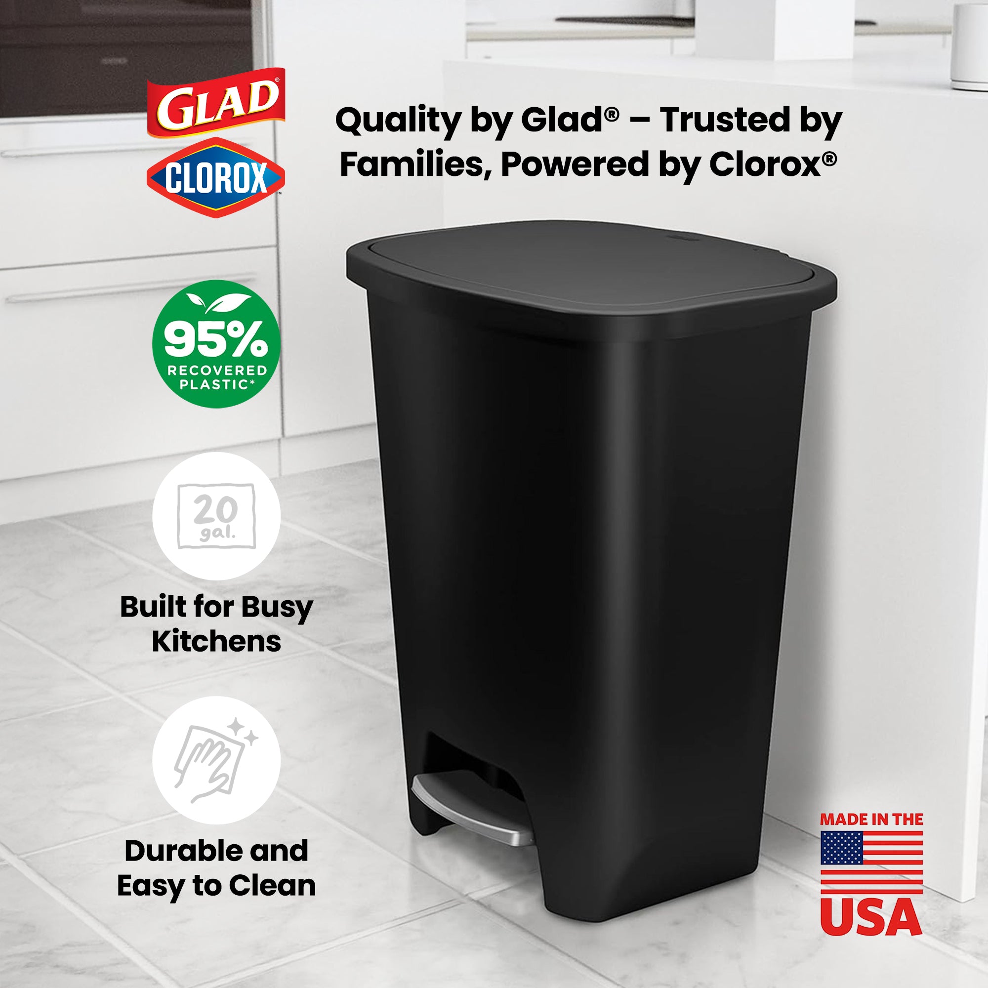 Glad Kitchen Trash Can with Lid, Foot Pedal and Garbage Bag Rings (Open Box)