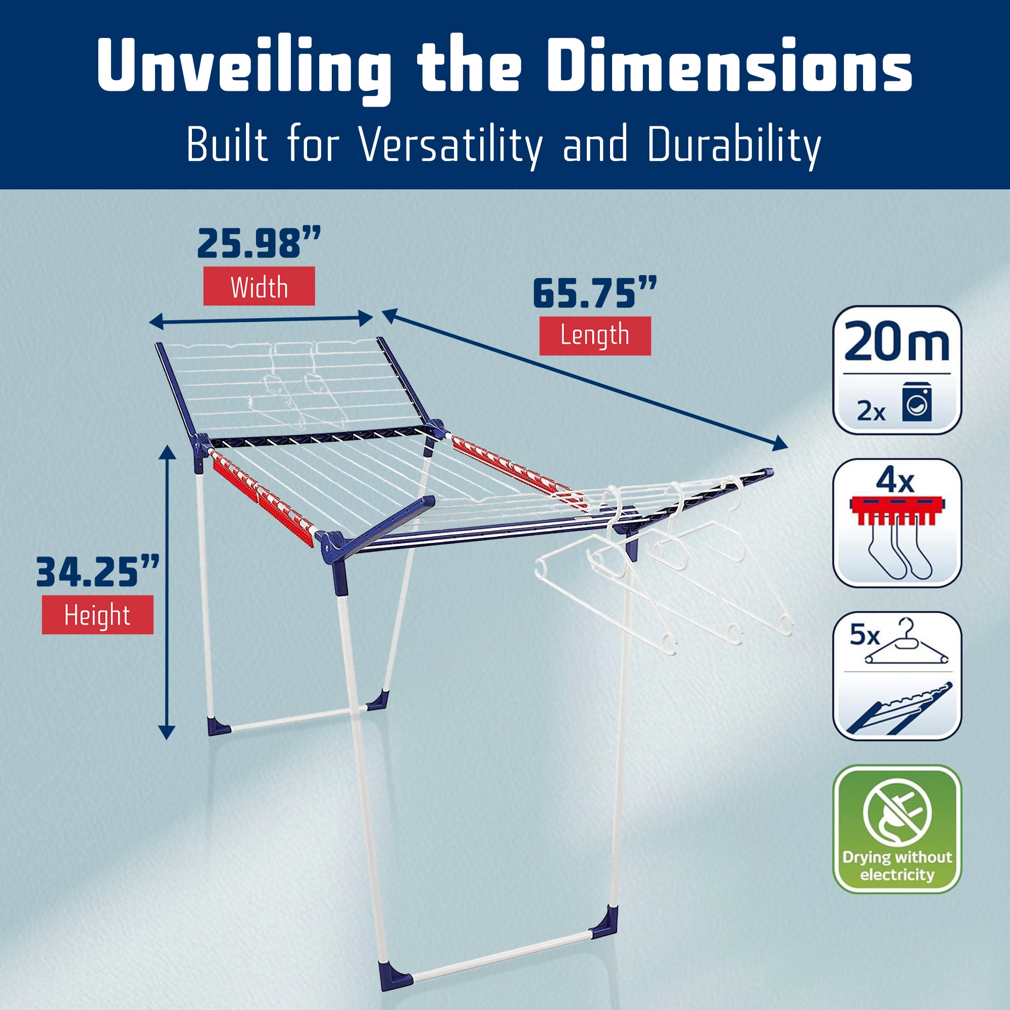 Leifheit 200 Solid Standing Dryer with 5 Hangers & 4 Clips, 20m (Open Box) - VMInnovations