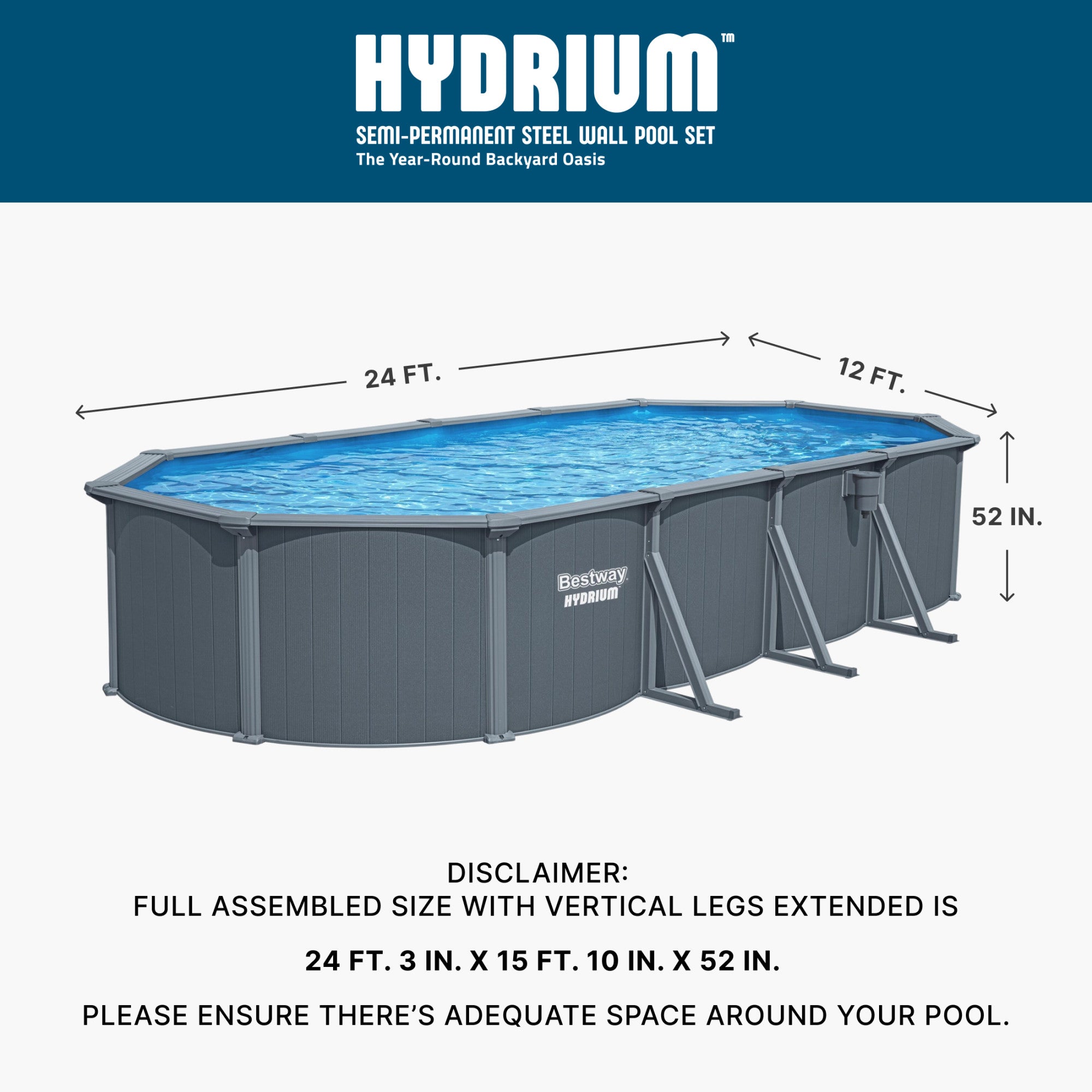 Bestway Hydrium 24' x 12' x 52" Oval Steel Wall Above Ground Pool Set(For Parts)