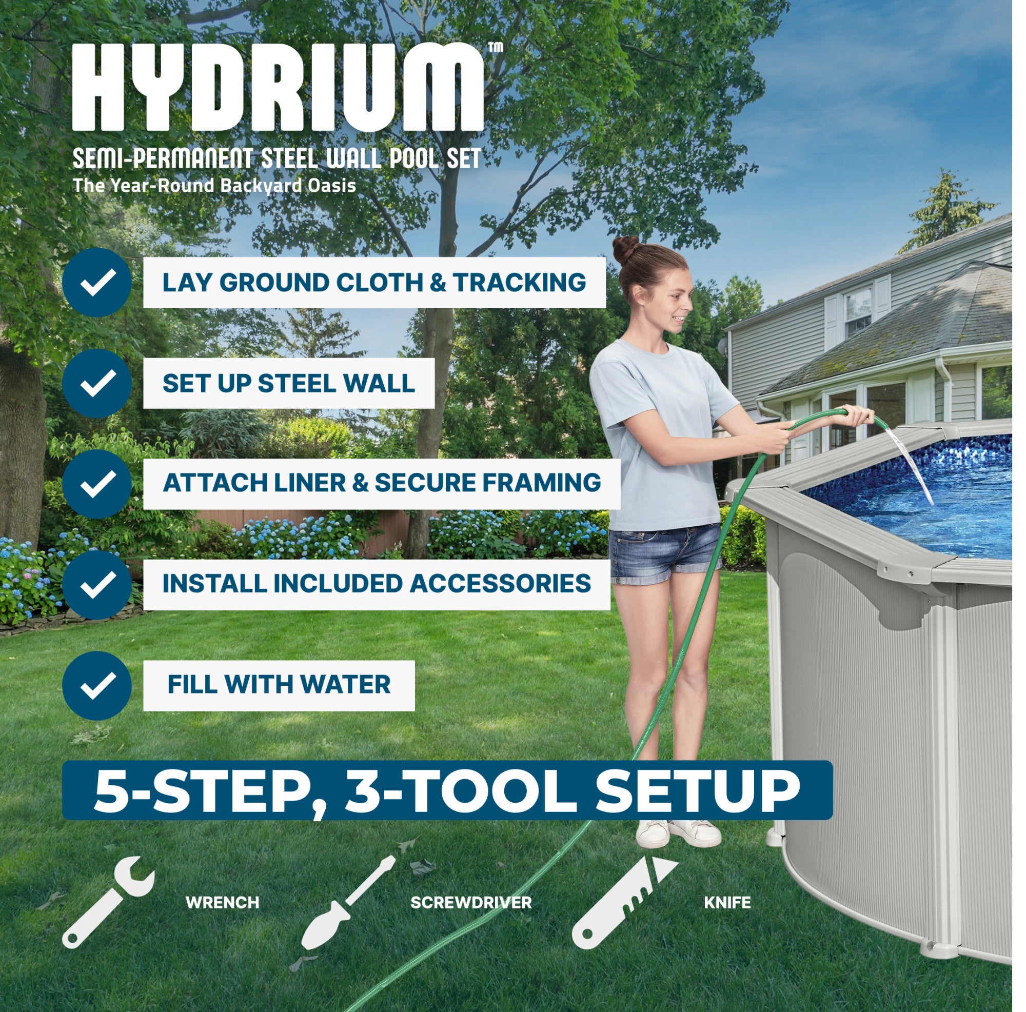 Bestway Hydrium 15' x 48" Round Steel Wall Pool with Deluxe Maintenance Kit