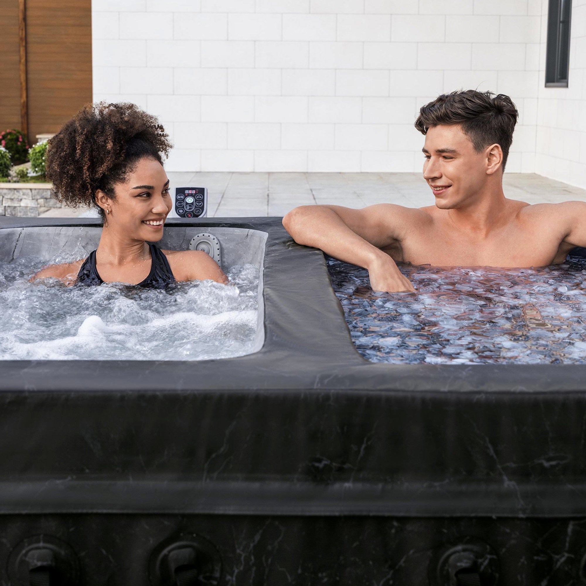 SaluSpa 69" x 64.5" x 24" Glacial Heat ThermaCore Ice Bath & Hot Tub Airjet 4 Black Stone Square - VMInnovations