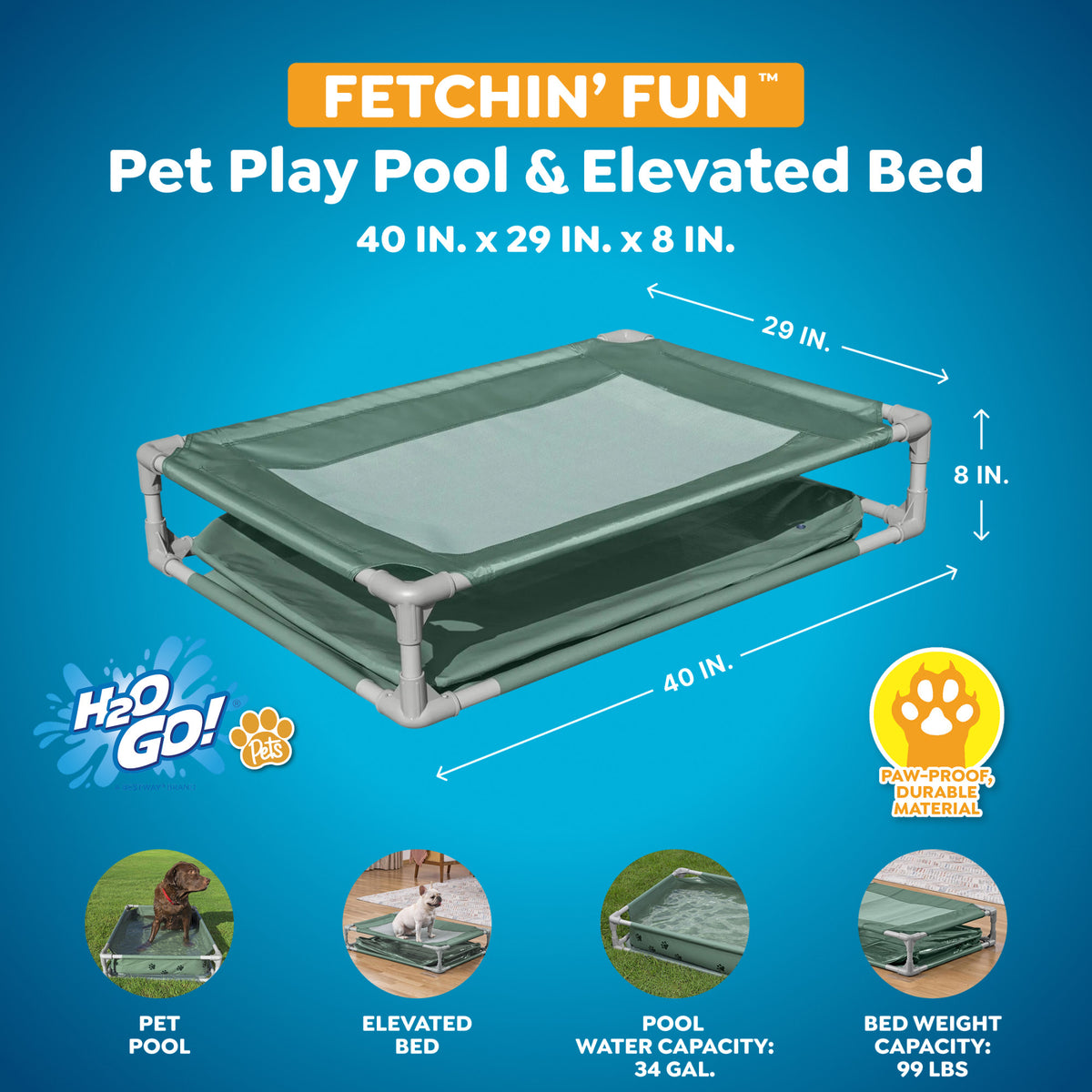 H2OGO! Pet Play Pool & Elevated Bed, Fetchin' Fun Splash Pool & Bed for Dogs - VMInnovations
