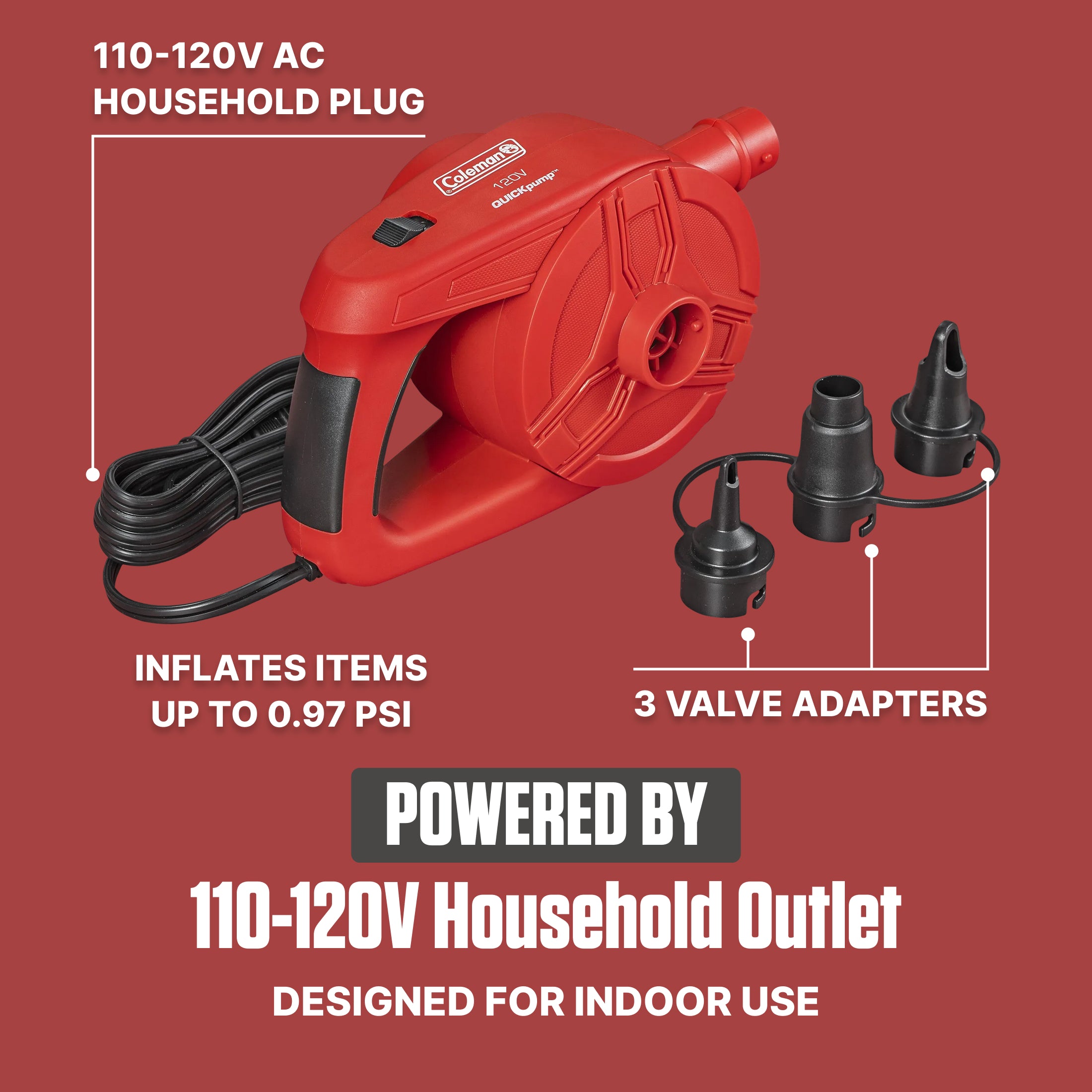 Coleman EasyFlate 120V AC Electric Air Pump, Plug-In Inflator w/3 Adapters(Used) - VMInnovations