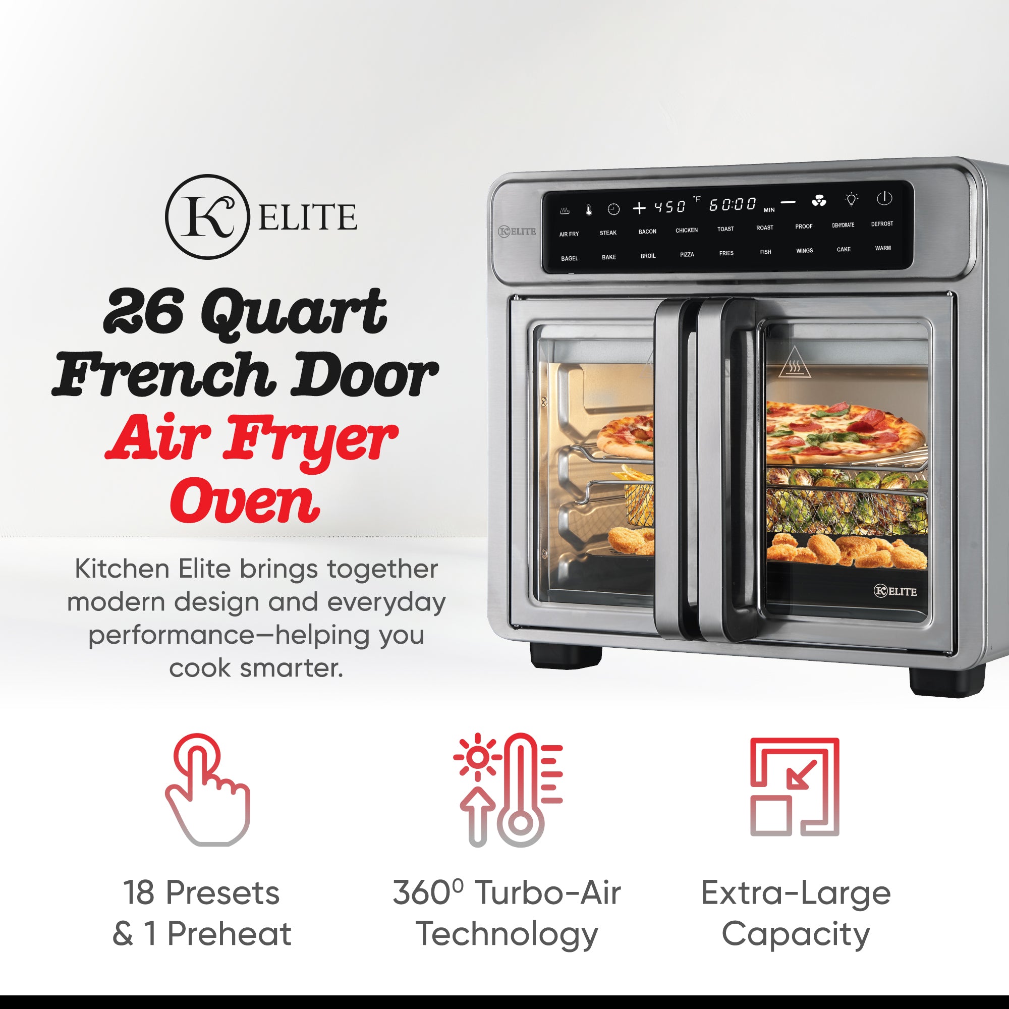 Kitchen Elite 26 Qt French Door Air Fryer, Cooker w/LED Display (Open Box)