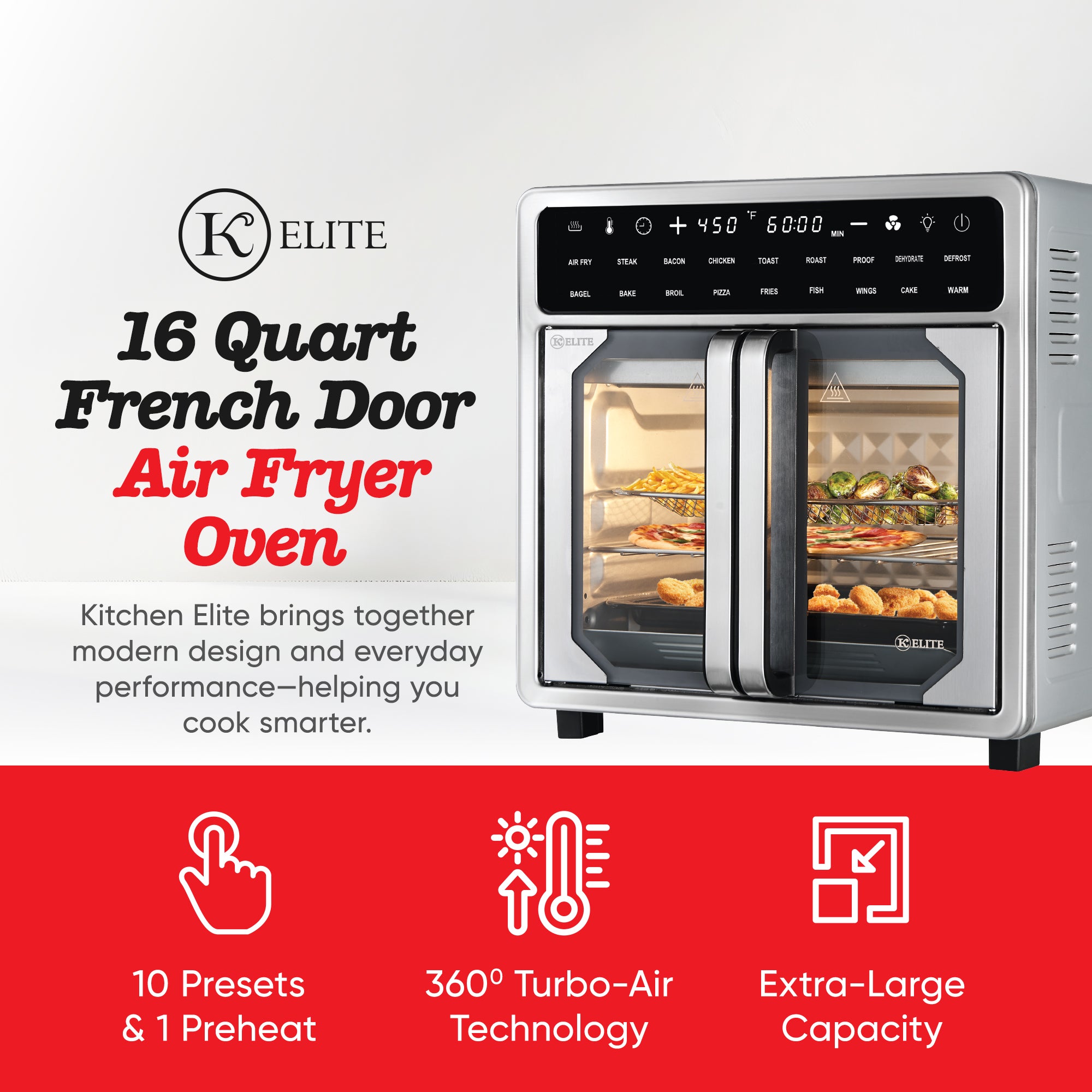 Kitchen Elite 16 Qt French Door Air Fryer Oven, Countertop Cooker (Open Box) - VMInnovations
