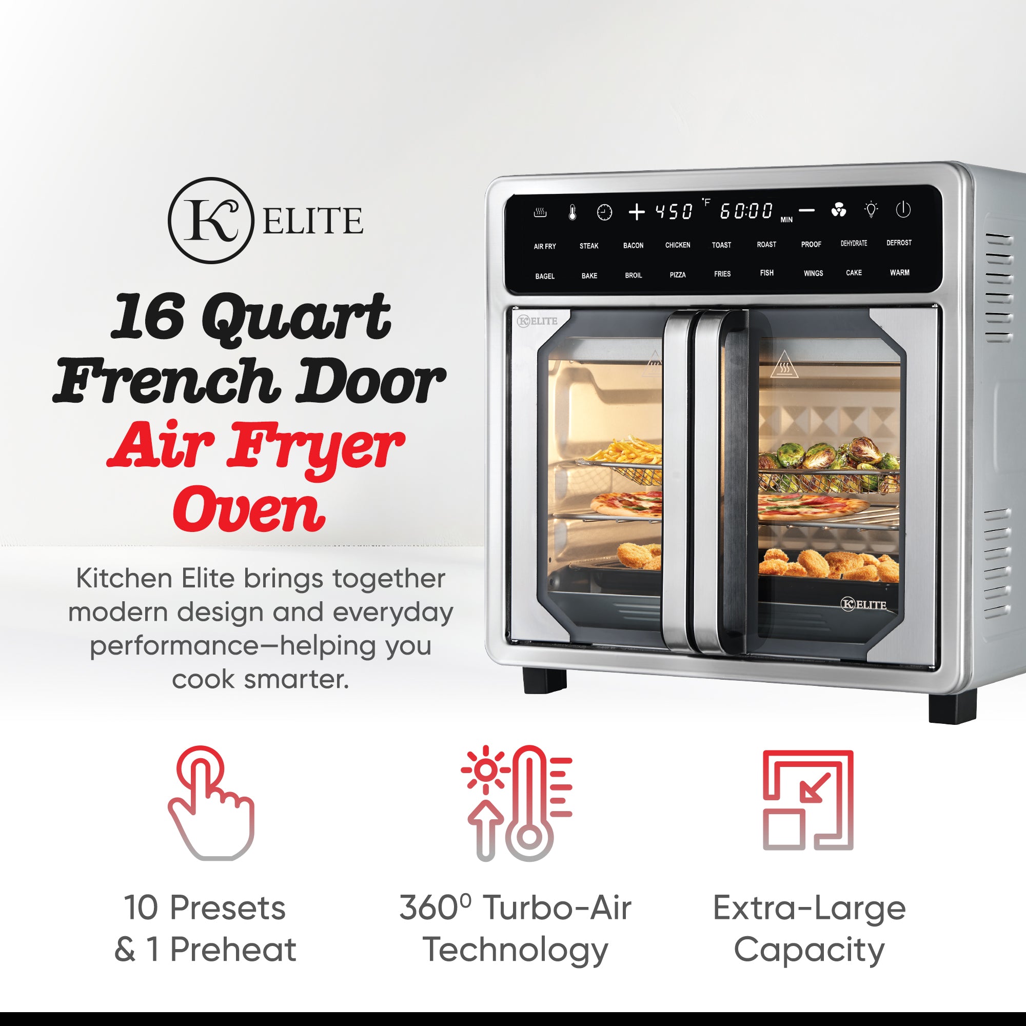Kitchen Elite 16 Qt French Door Air Fryer Oven, Cooker w/ LED Display (Used)
