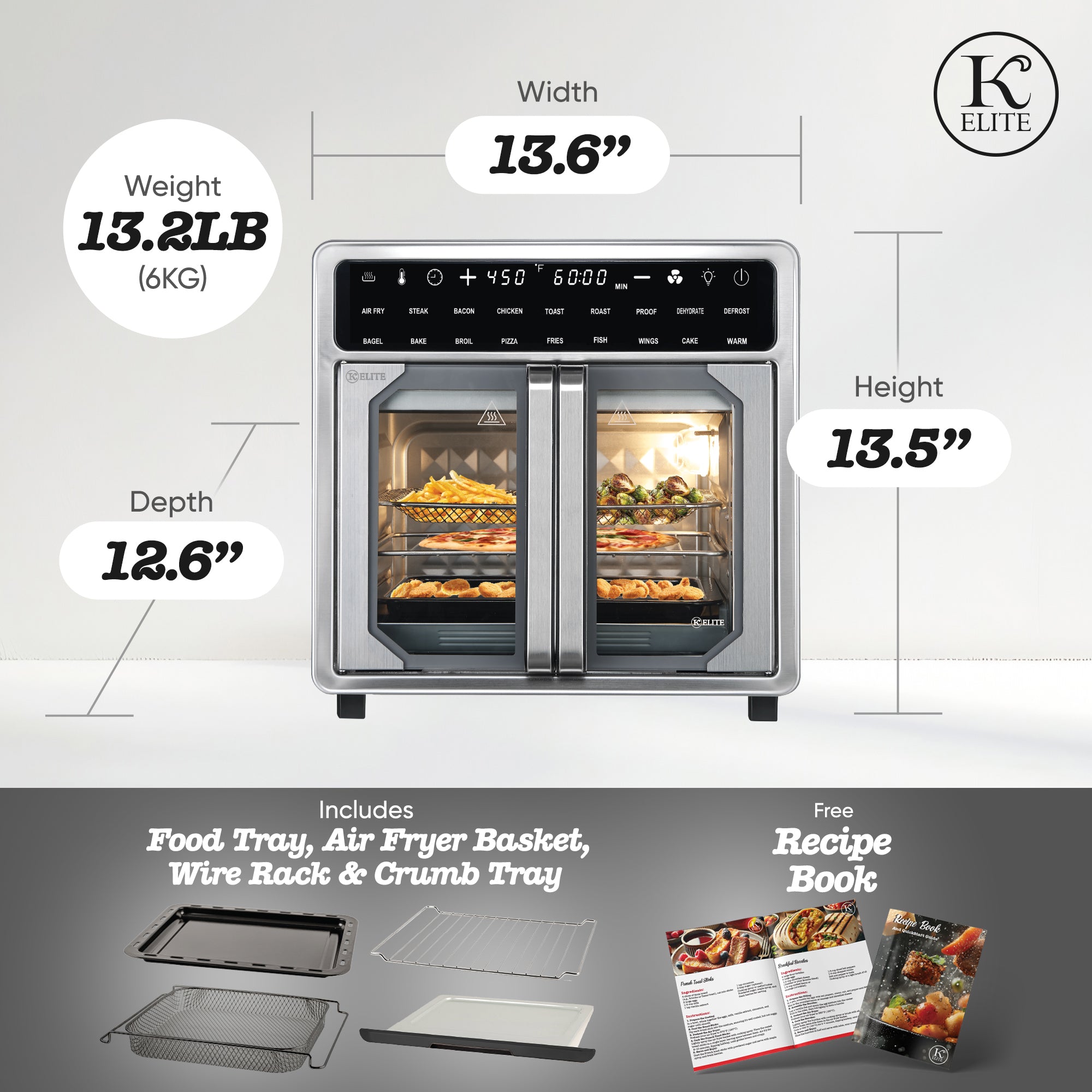 Kitchen Elite 16 Qt French Door Air Fryer Oven, Cooker w/ LED Display (Used)