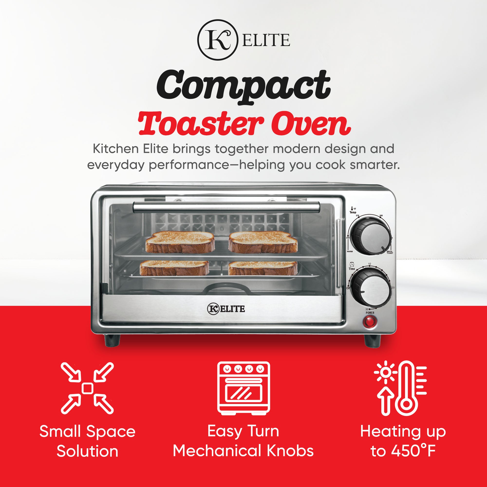 Kitchen Elite Compact Countertop Toaster Oven with Stainless Steel Tray, Black