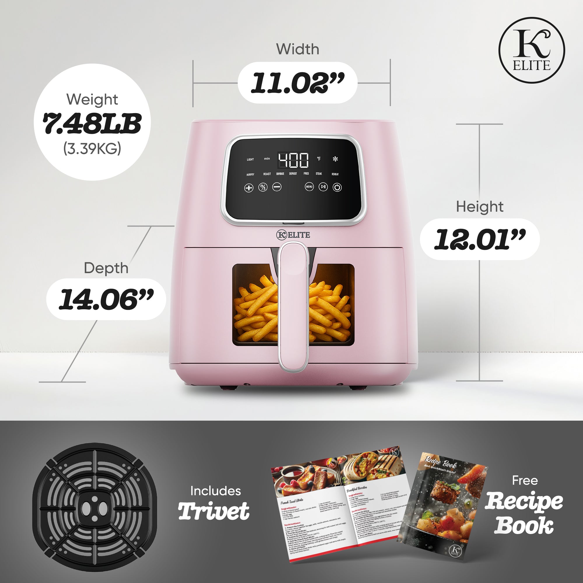 Kitchen Elite 5.5 Qt. Air Fryer, Countertop Cooker w/LED Screen, Pink (Open Box)