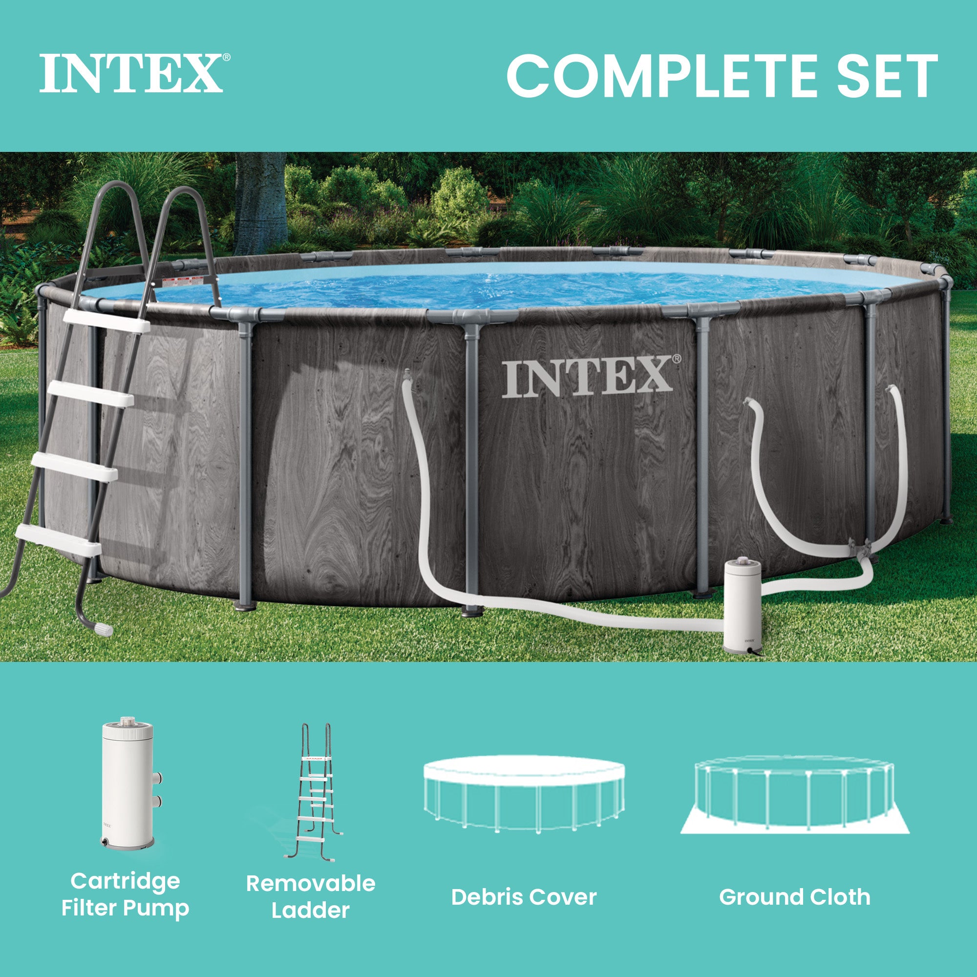 INTEX Greywood Prism Frame 15ft x 48in Premium Above Ground Pool Set wPump(Used)