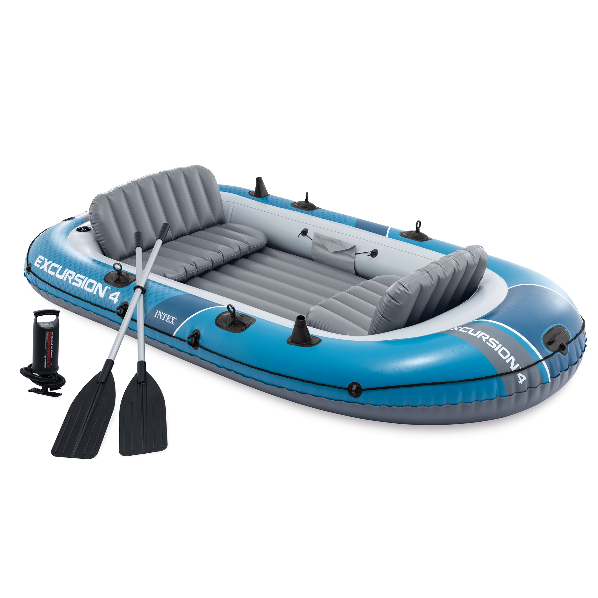 INTEX 66324EP Excursion 4 Inflatable BoatSet w/54''Oars,Pump & Rod Holders(Used)