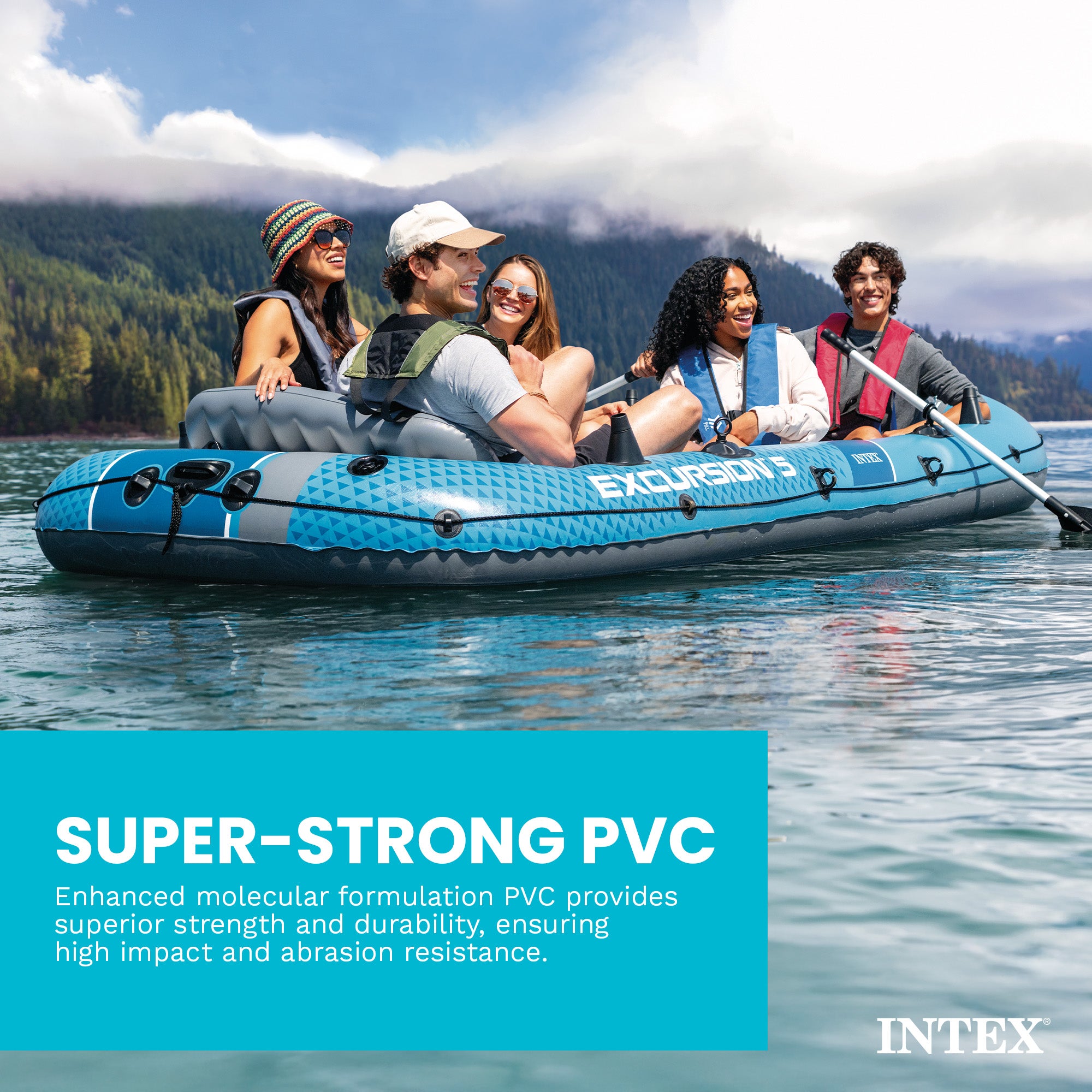 INTEX Excursion 5 Inflatable Boat Set with 54" Oars, Pump, & Rod Holders (Used) - VMInnovations