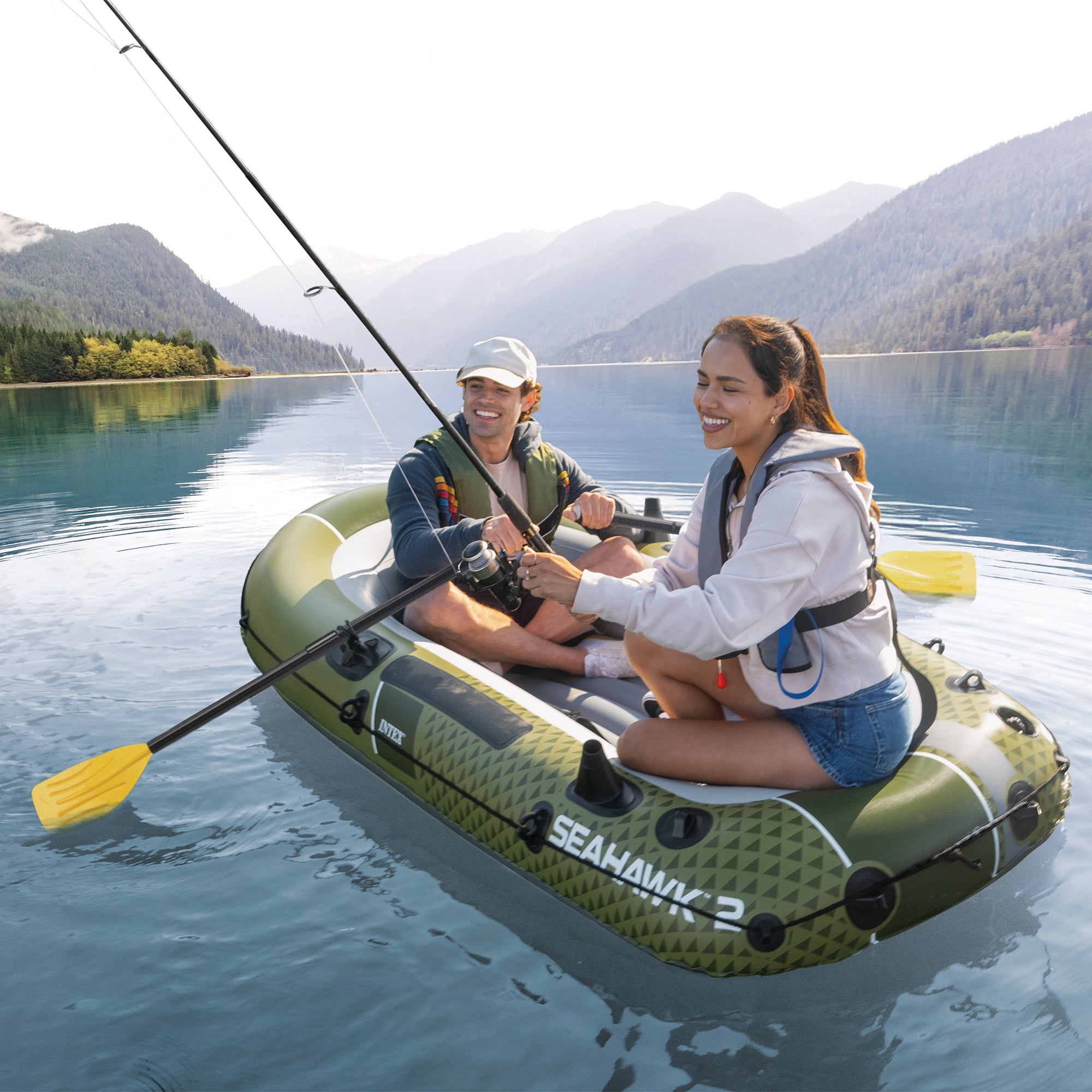 INTEX Seahawk 2 Inflatable Boat Set with 48" Oars, Pump, & Rod Holders(Open Box) - VMInnovations