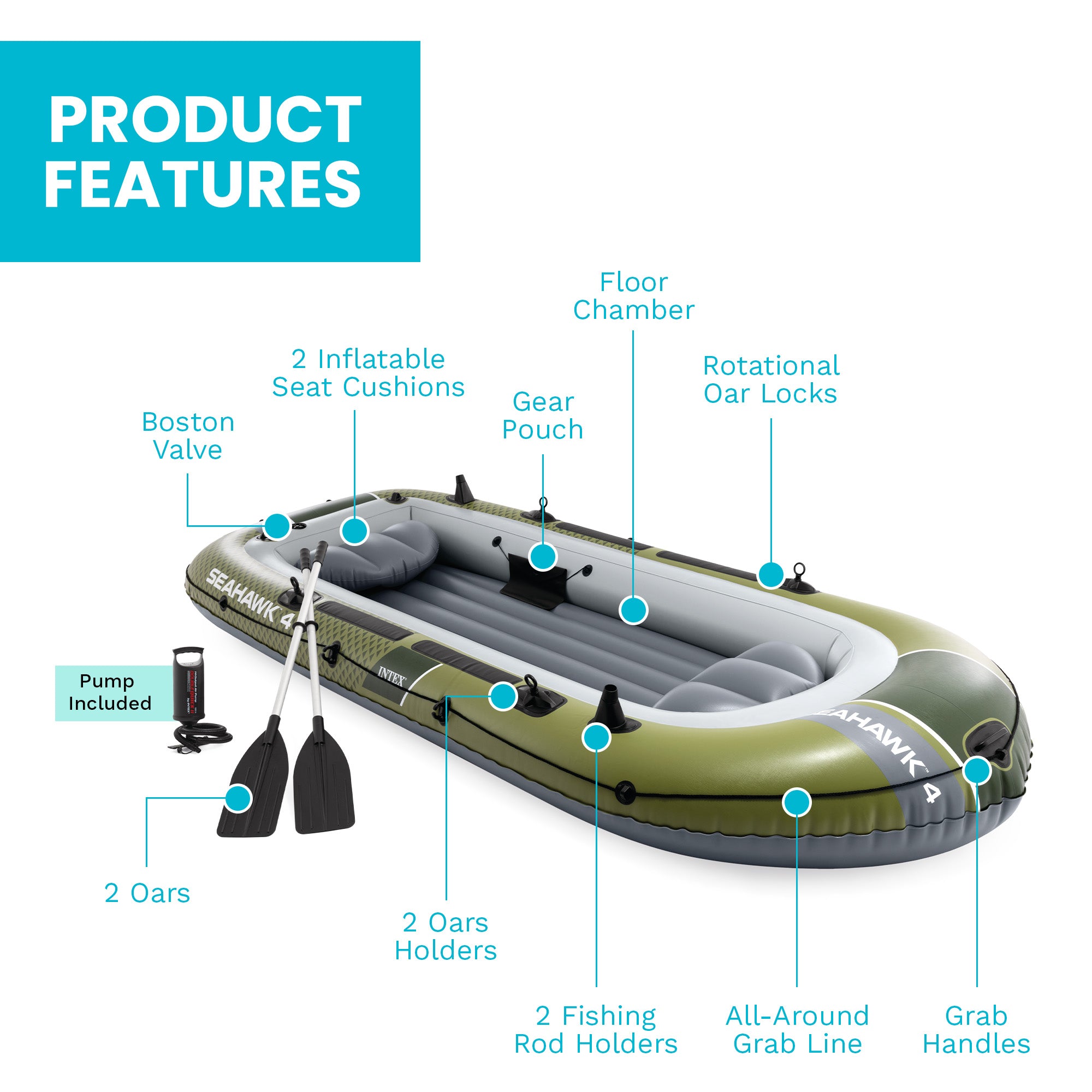 INTEX 66334EP Seahawk 4 Inflatable Boat Set w Pump, & Rod Holders (Open Box)