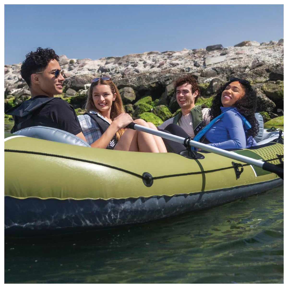 INTEX 66334EP Seahawk 4 Inflatable Boat Set w Pump, & Rod Holders (Open Box) - VMInnovations