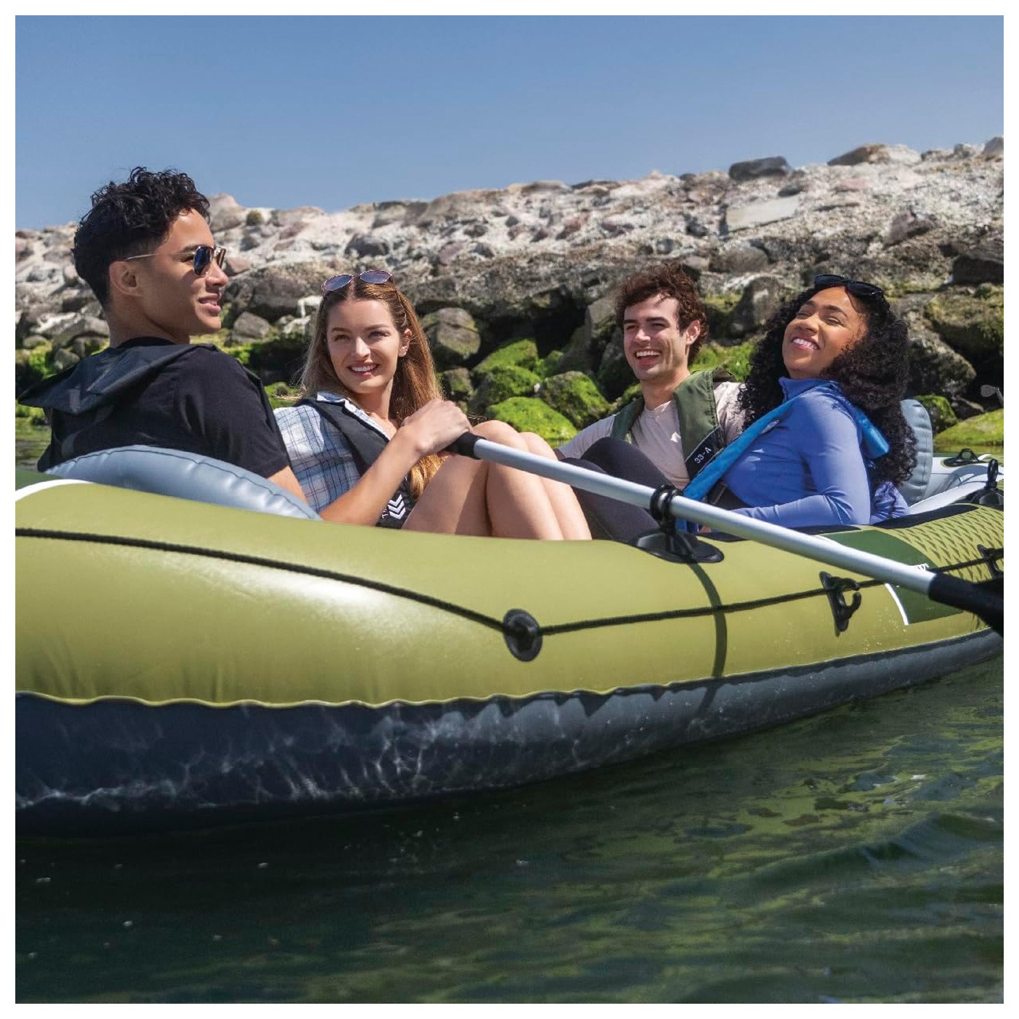 INTEX 66334EP Seahawk 4 Inflatable Boat Set w Pump, & Rod Holders (Open Box)