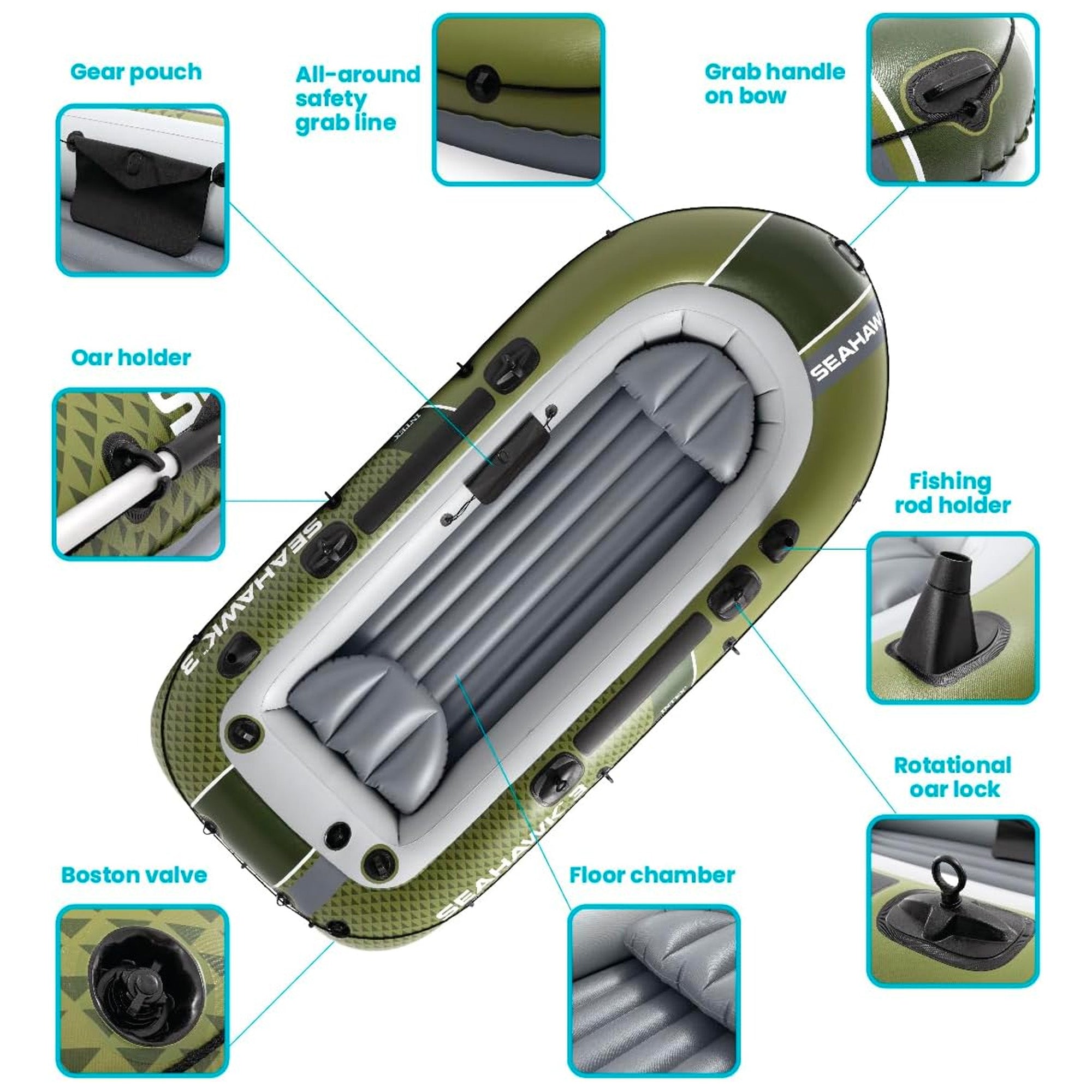 INTEX 66333EP Seahawk 3 Inflatable Boat Set with 54" Oars, Pump, & Rod Holders - VMInnovations