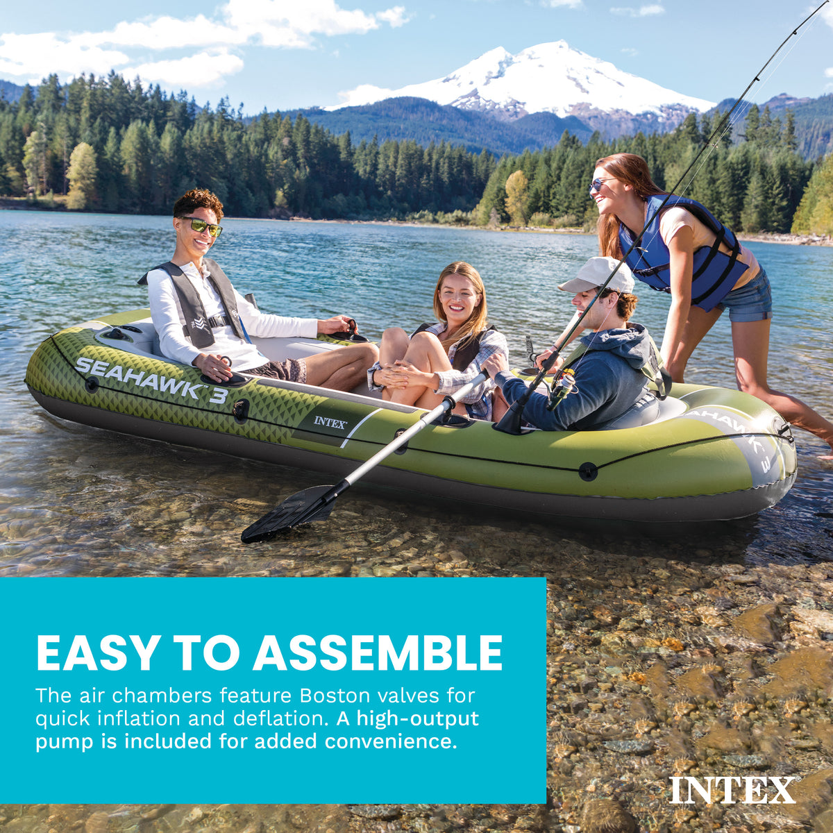 INTEX 66333EP Seahawk 3 Inflatable Boat Set with 54" Oars, Pump, & Rod Holders - VMInnovations
