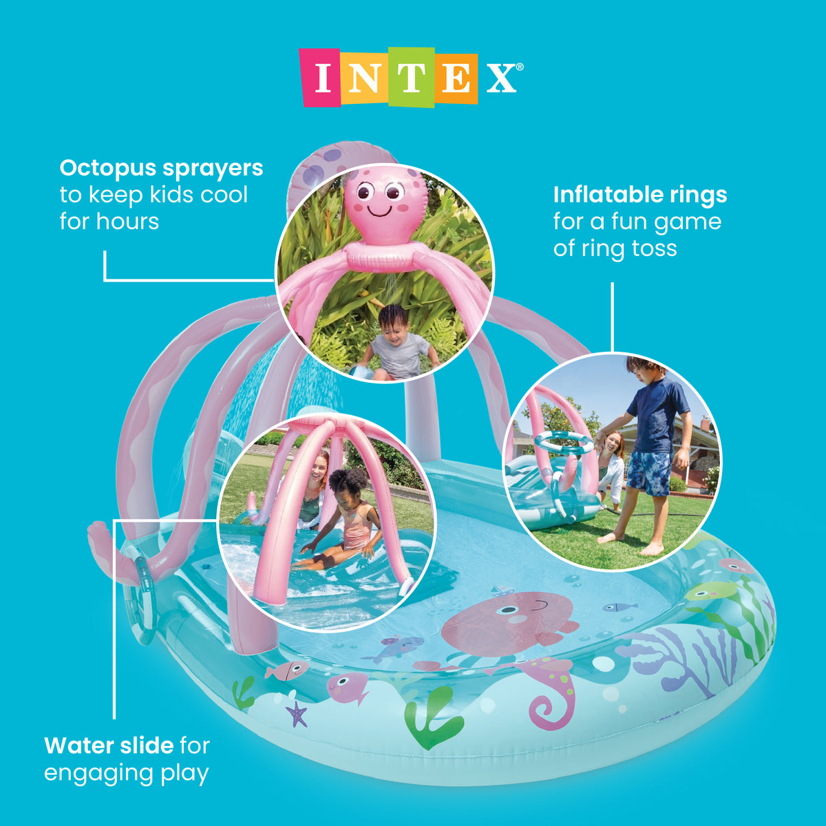 INTEX Friendly Octopus Kiddie Pool, Play Center, Slide, & Pad(Open Box)