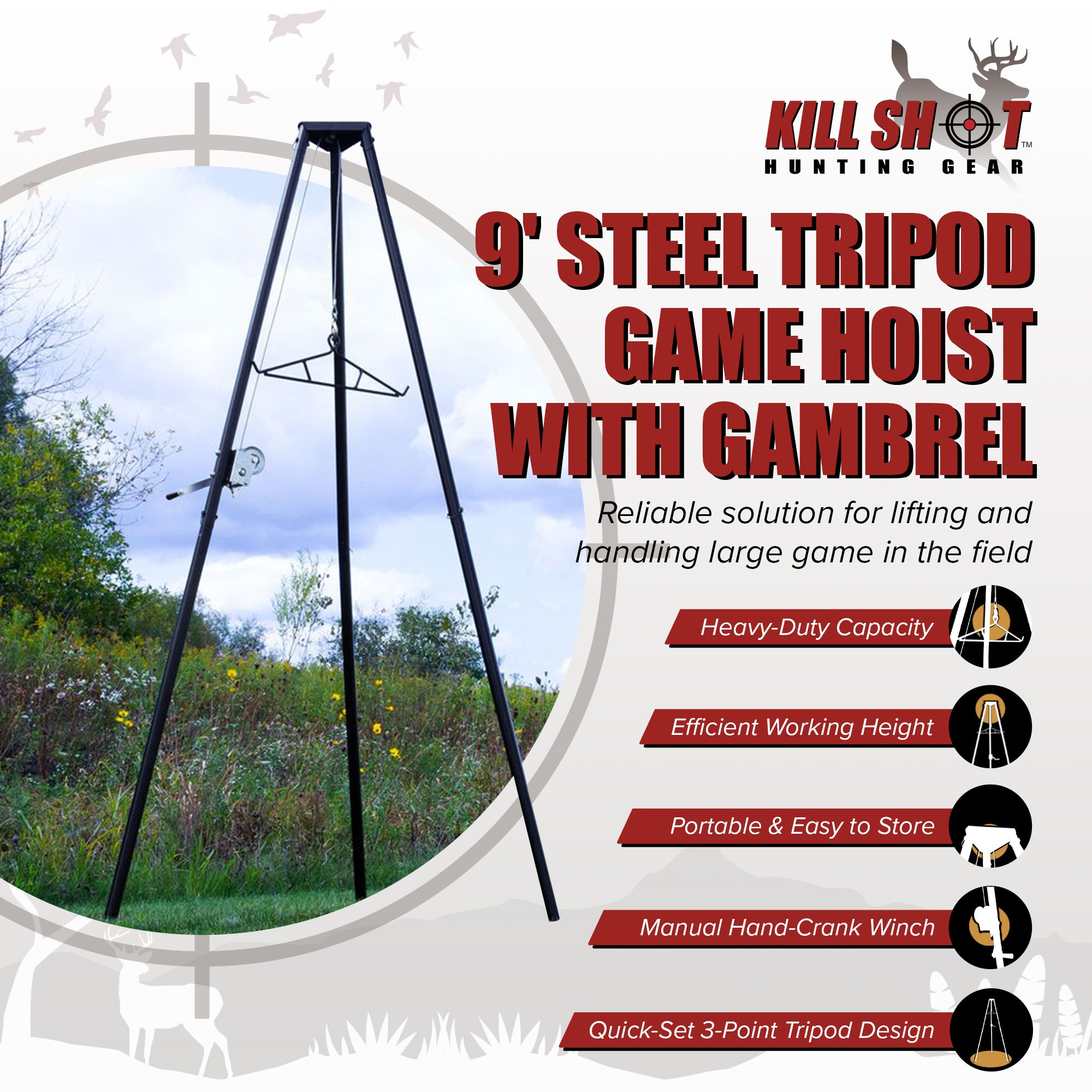 Kill Shot 9' Steel Tripod Game Hoist with Gambrel and 500 Pound Capacity, Black