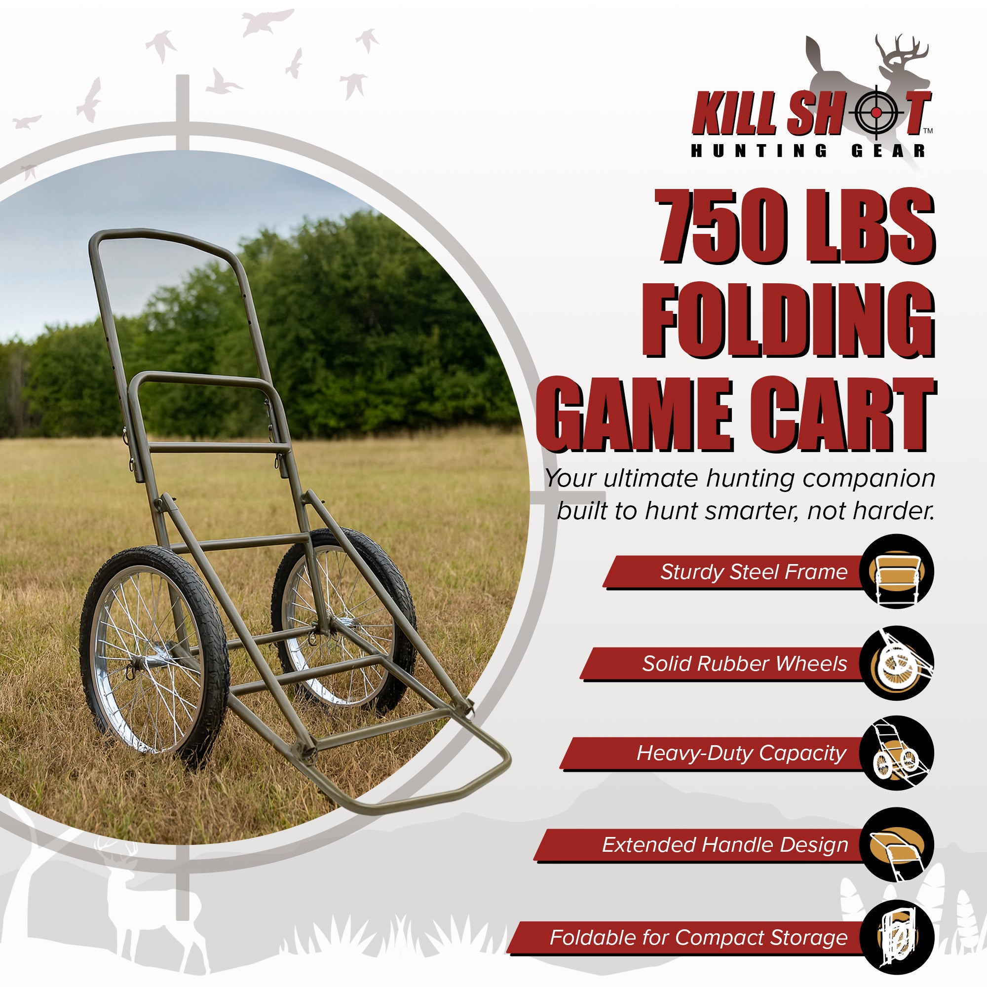 Kill Shot XL Deer Hunting Game Cart, Folding Utility Dolly w/ 750 Pound Capacity