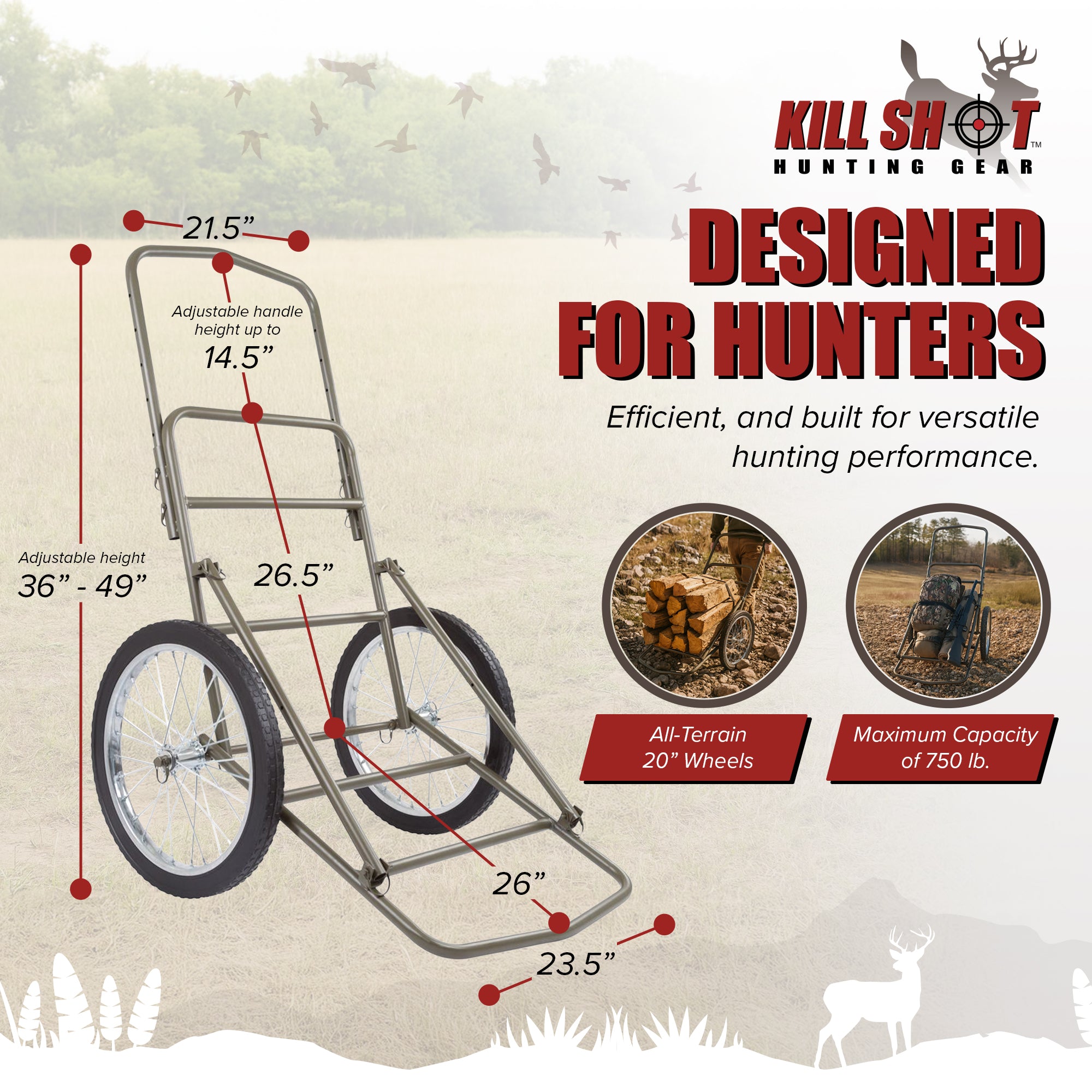 Kill Shot XL Deer Hunting Game Cart, Folding Utility Dolly w/ 750 Pound Capacity