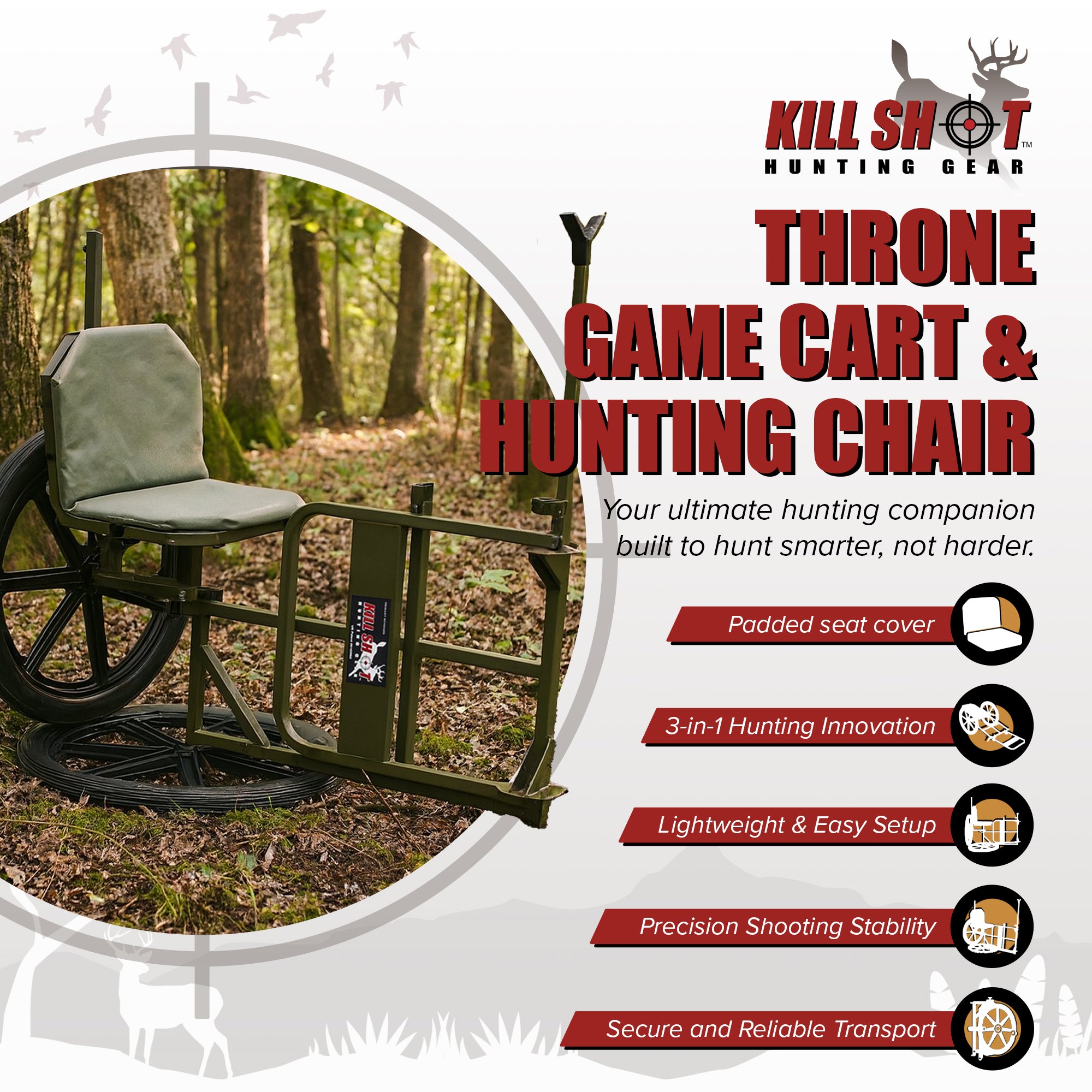 Kill Shot Throne Hunting Chair, Game Cart, & Shooting Rest, 500 Pound Capacity - VMInnovations